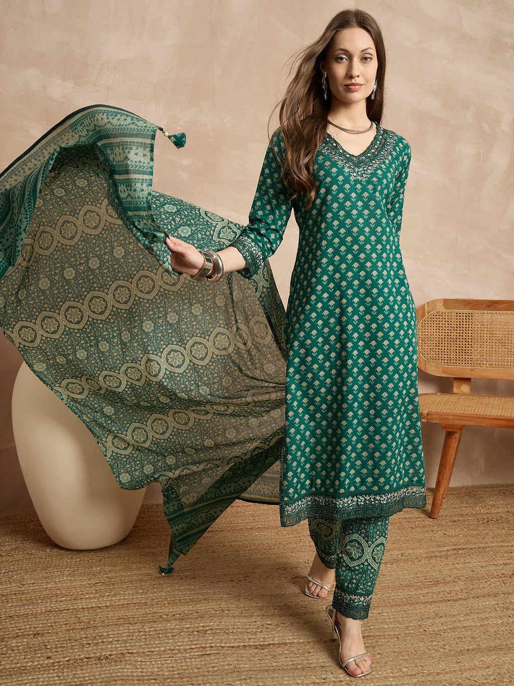 Women Ethnic Motifs Printed Regular Thread Work Pure Cotton Kurta with Trousers & With Dupatta