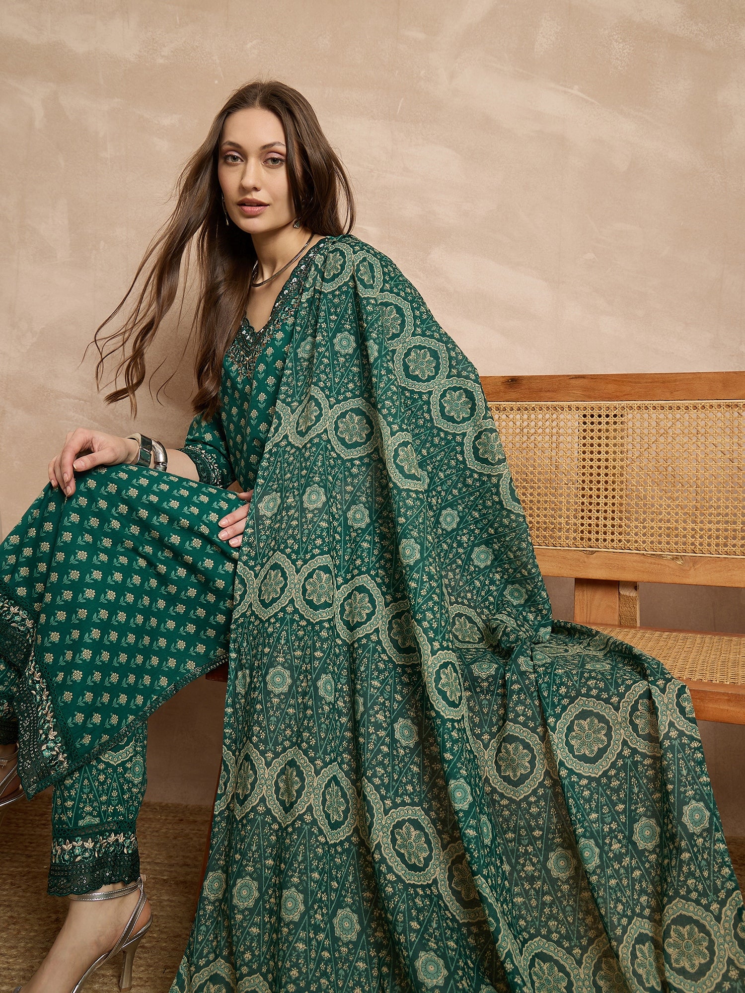 Women Ethnic Motifs Printed Regular Thread Work Pure Cotton Kurta with Trousers & With Dupatta