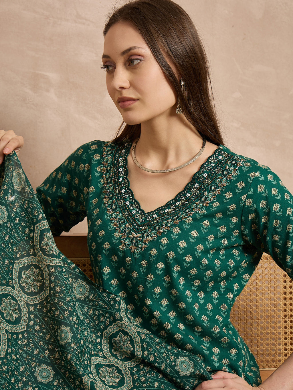 Women Ethnic Motifs Printed Regular Thread Work Pure Cotton Kurta with Trousers & With Dupatta