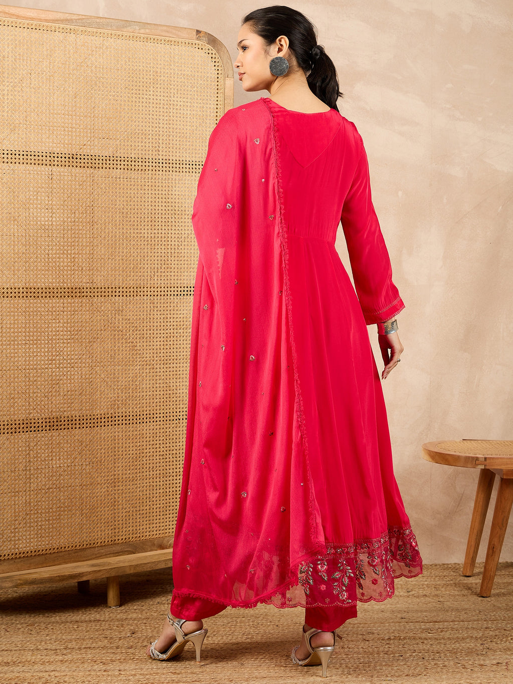 Women Floral Embroidered Angrakha Beads and Stones Silk Crepe Kurta with Trousers & With Dupatta
