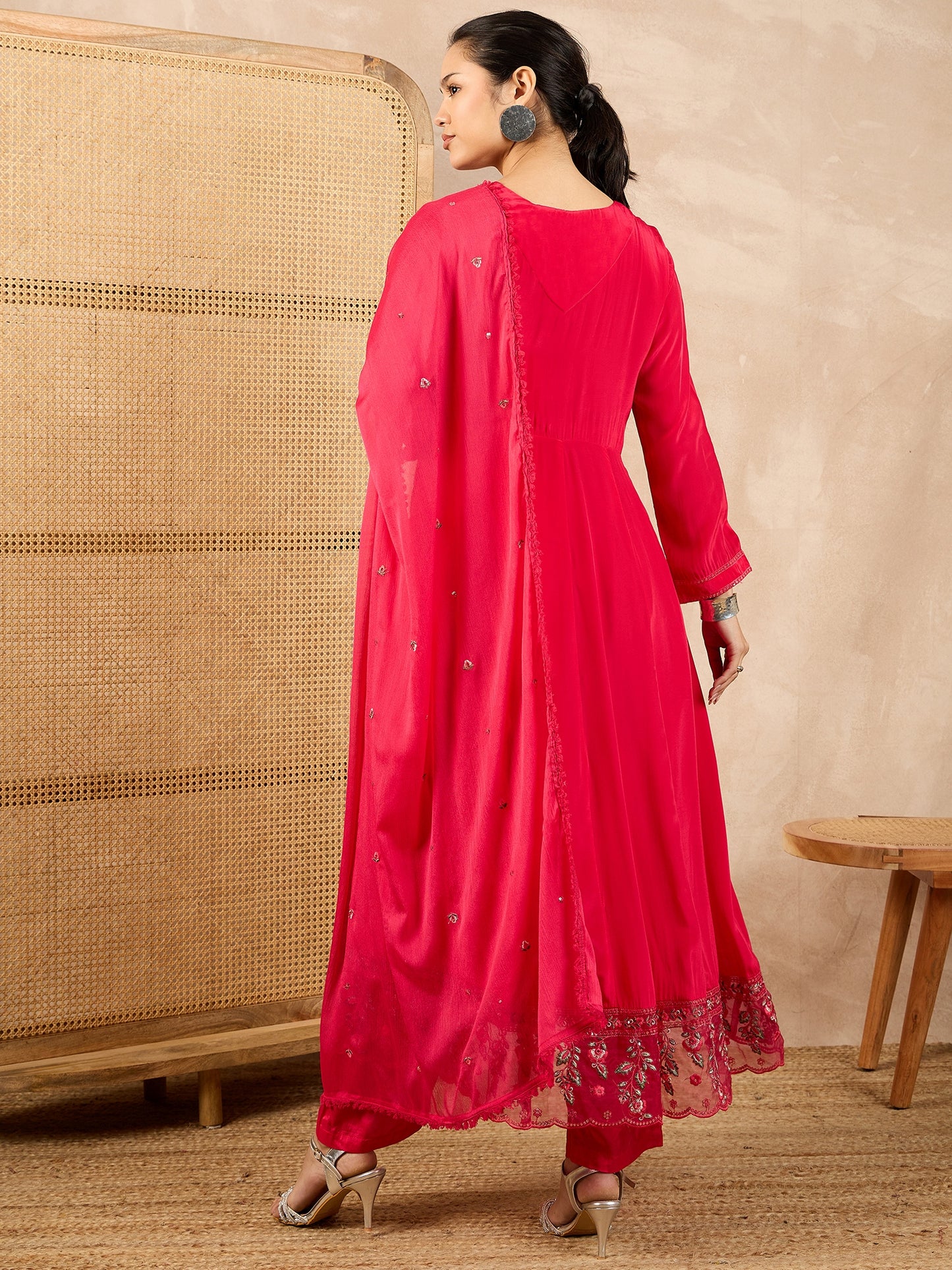 Women Floral Embroidered Angrakha Beads and Stones Silk Crepe Kurta with Trousers & With Dupatta