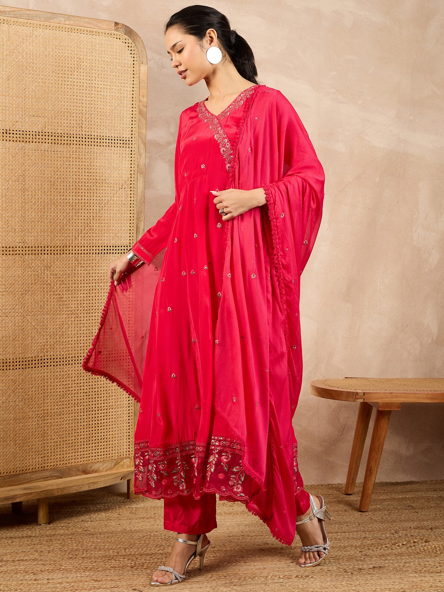 Women Floral Embroidered Angrakha Beads and Stones Silk Crepe Kurta with Trousers & With Dupatta