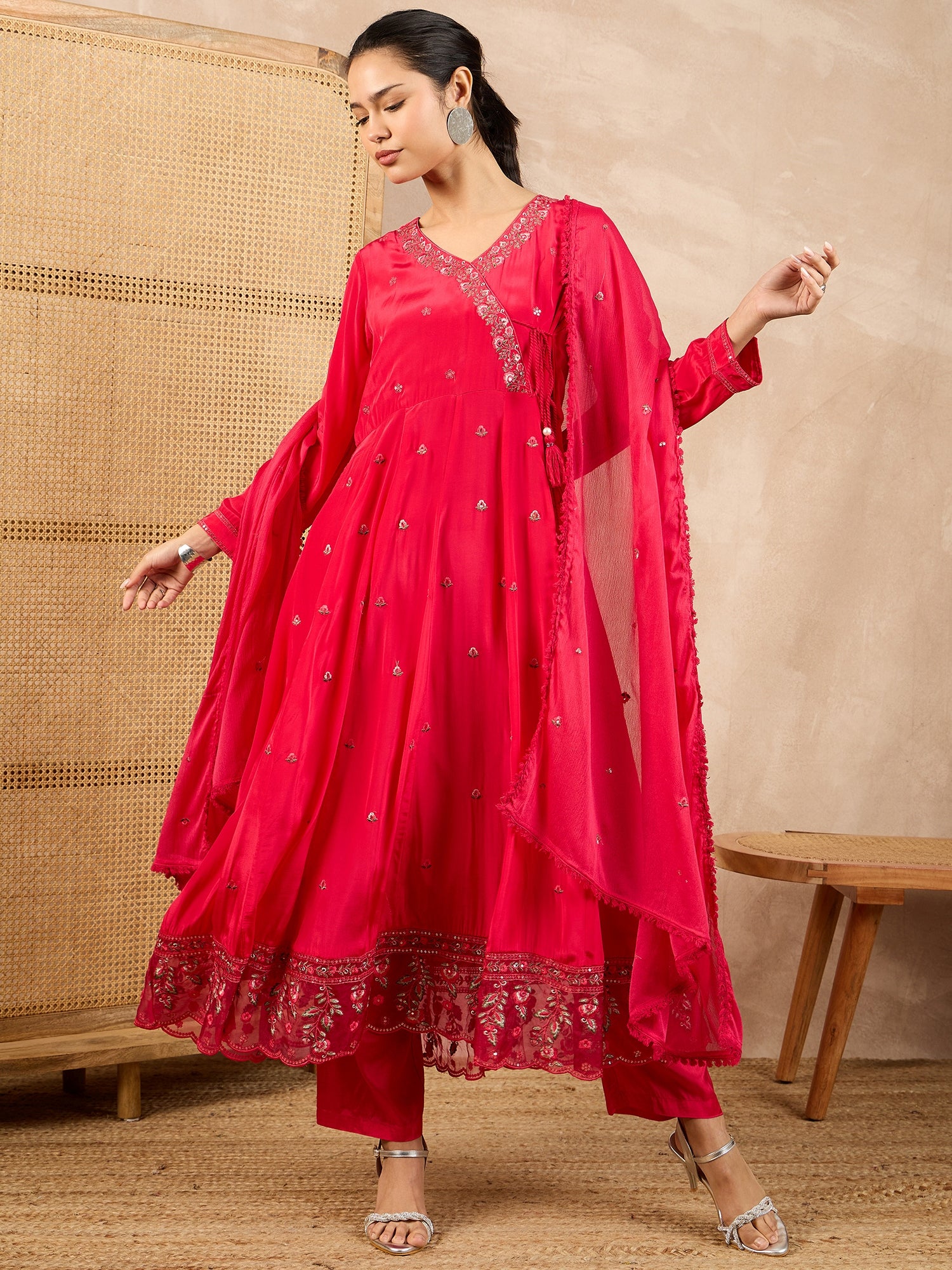 Women Floral Embroidered Angrakha Beads and Stones Silk Crepe Kurta with Trousers & With Dupatta