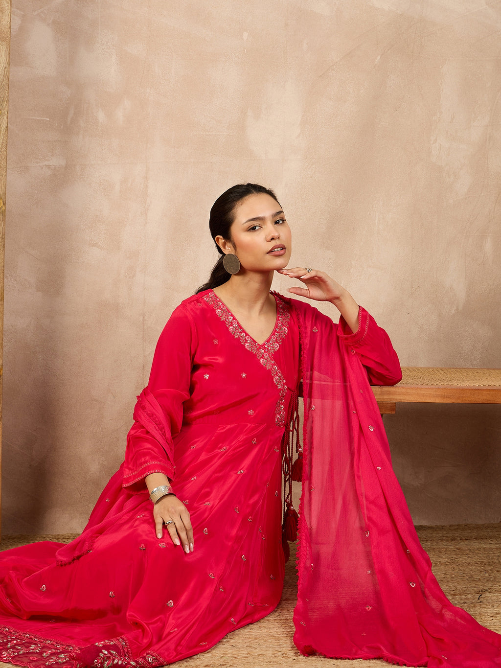 Women Floral Embroidered Angrakha Beads and Stones Silk Crepe Kurta with Trousers & With Dupatta