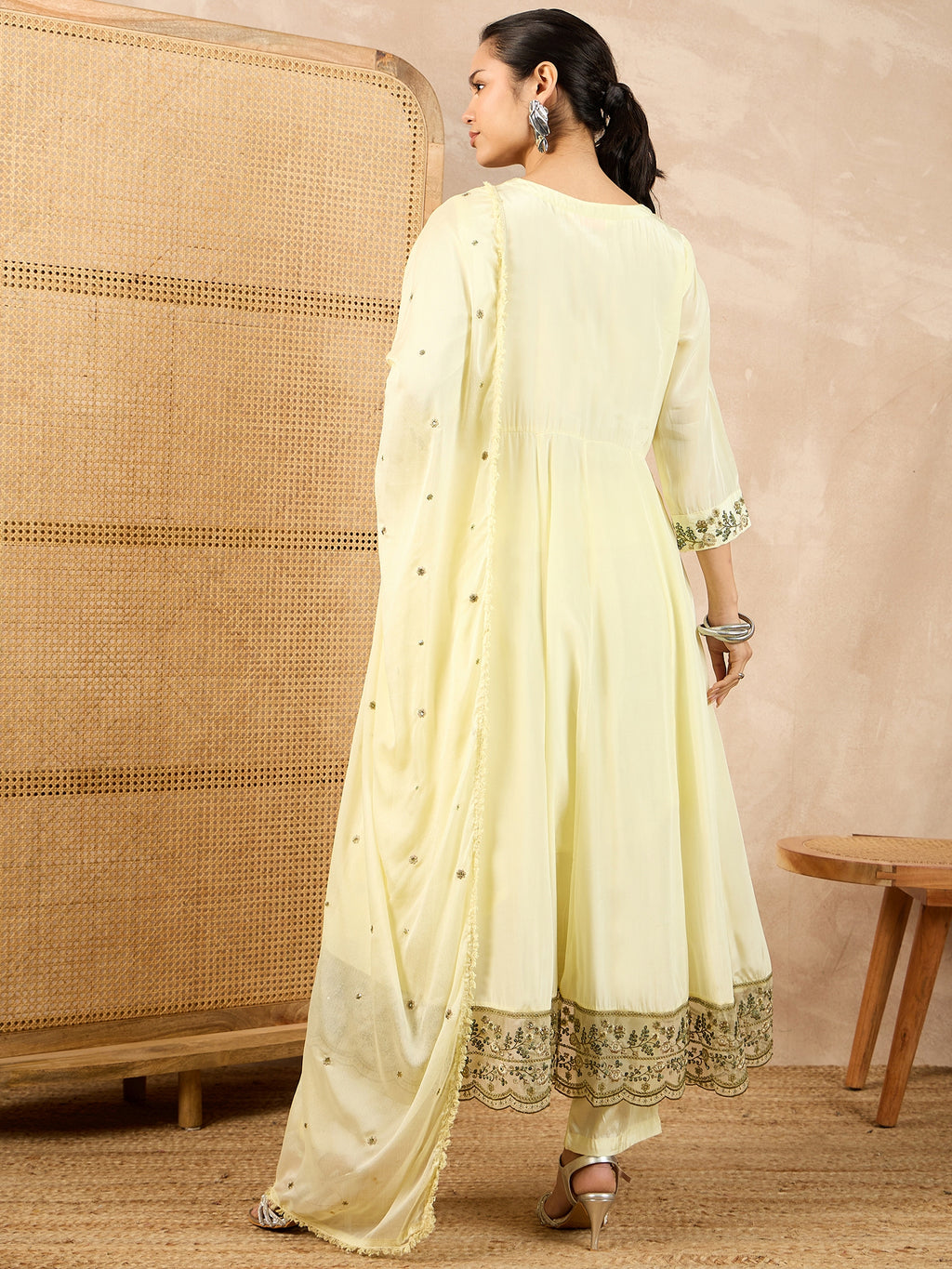 Women Floral Embroidered Empire Beads and Stones Silk Crepe Kurta with Trousers & With Dupatta
