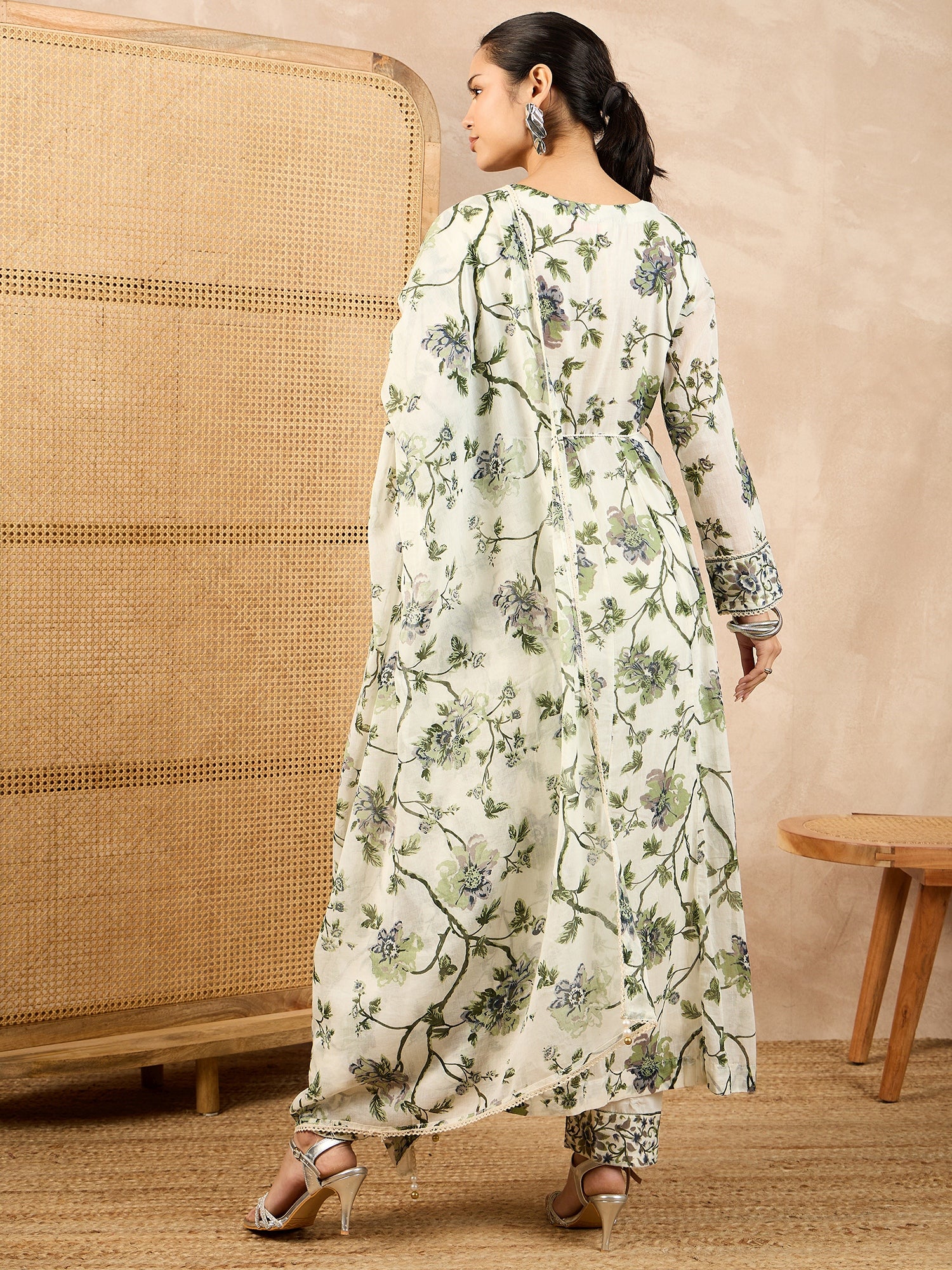 Floral Printed Pleated Thread Work A-Line Kurta With Trouser And Dupatta