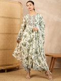 Floral Printed Pleated Thread Work A-Line Kurta With Trouser And Dupatta