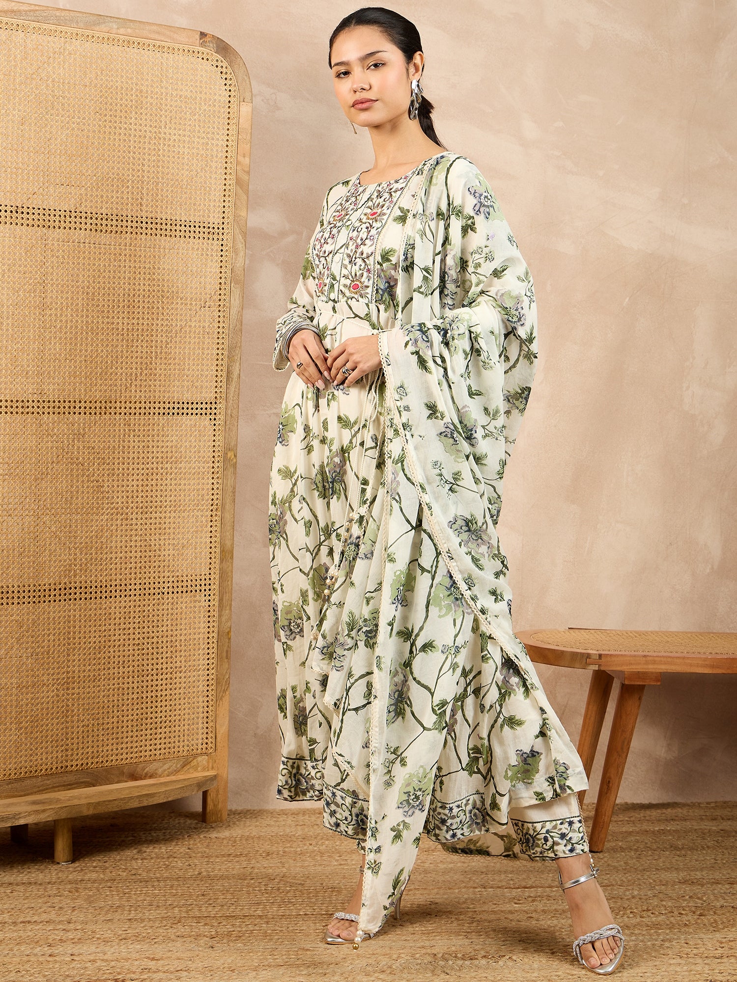 Floral Printed Pleated Thread Work A-Line Kurta With Trouser And Dupatta