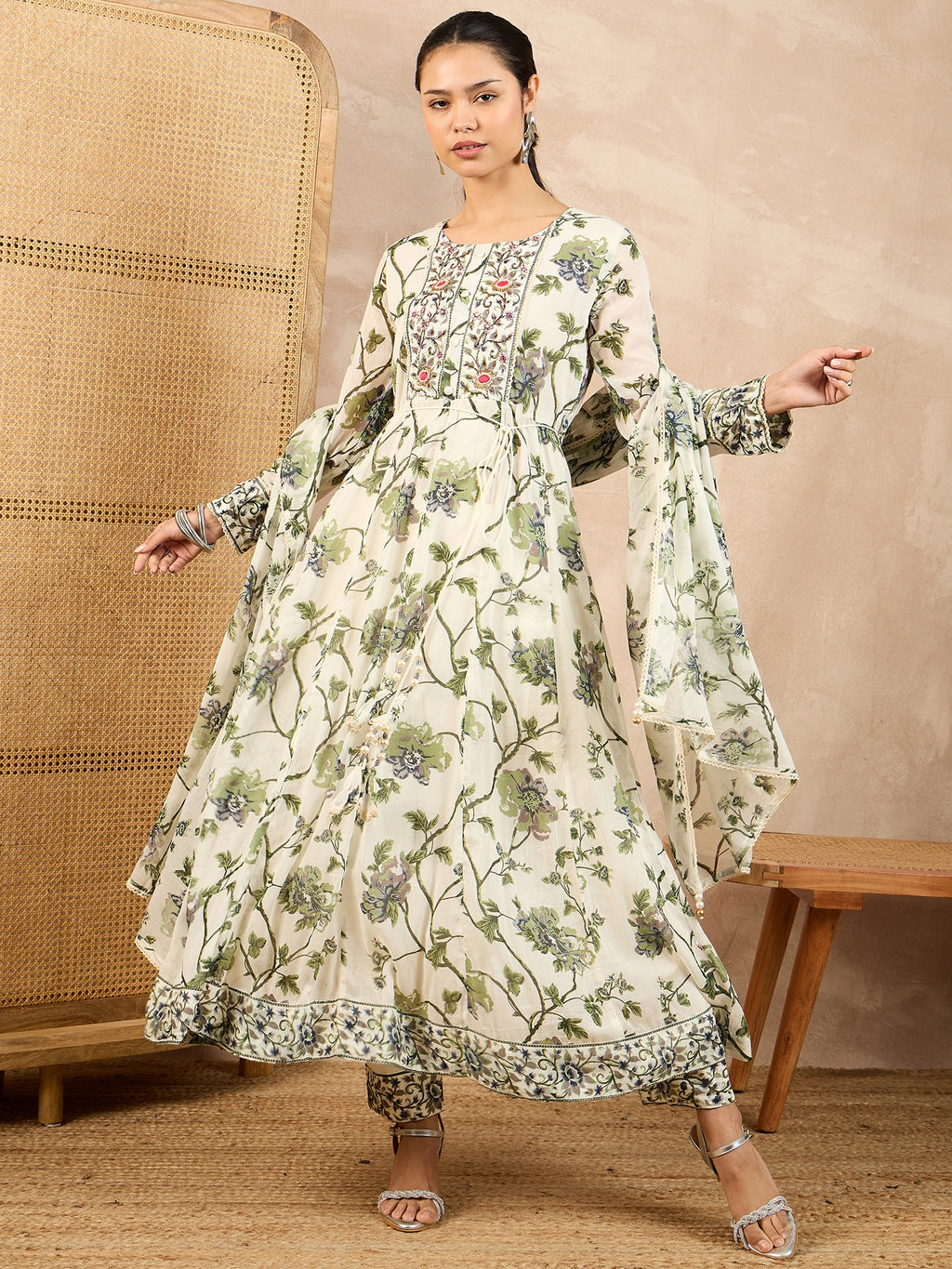 Floral Printed Pleated Thread Work A-Line Kurta With Trouser And Dupatta