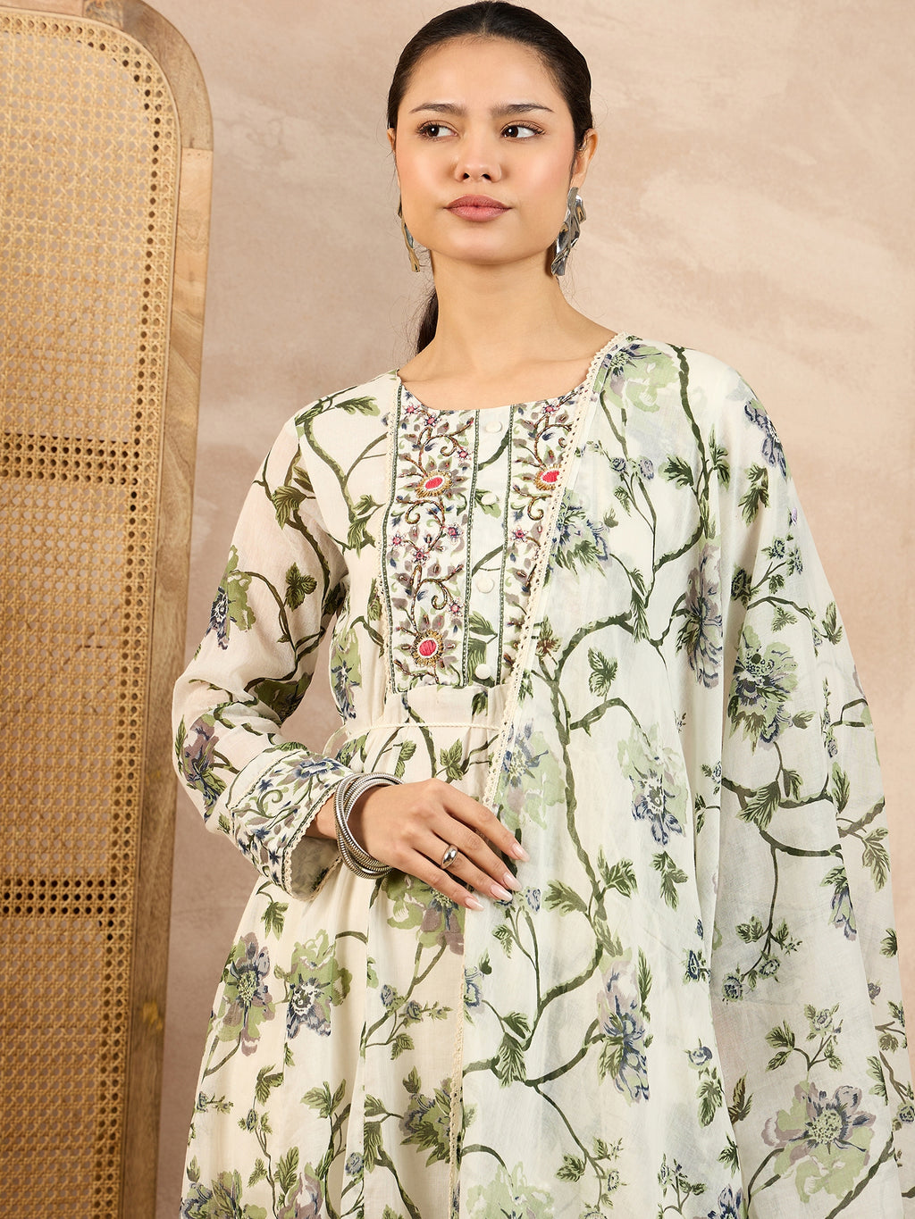 Floral Printed Pleated Thread Work A-Line Kurta With Trouser And Dupatta