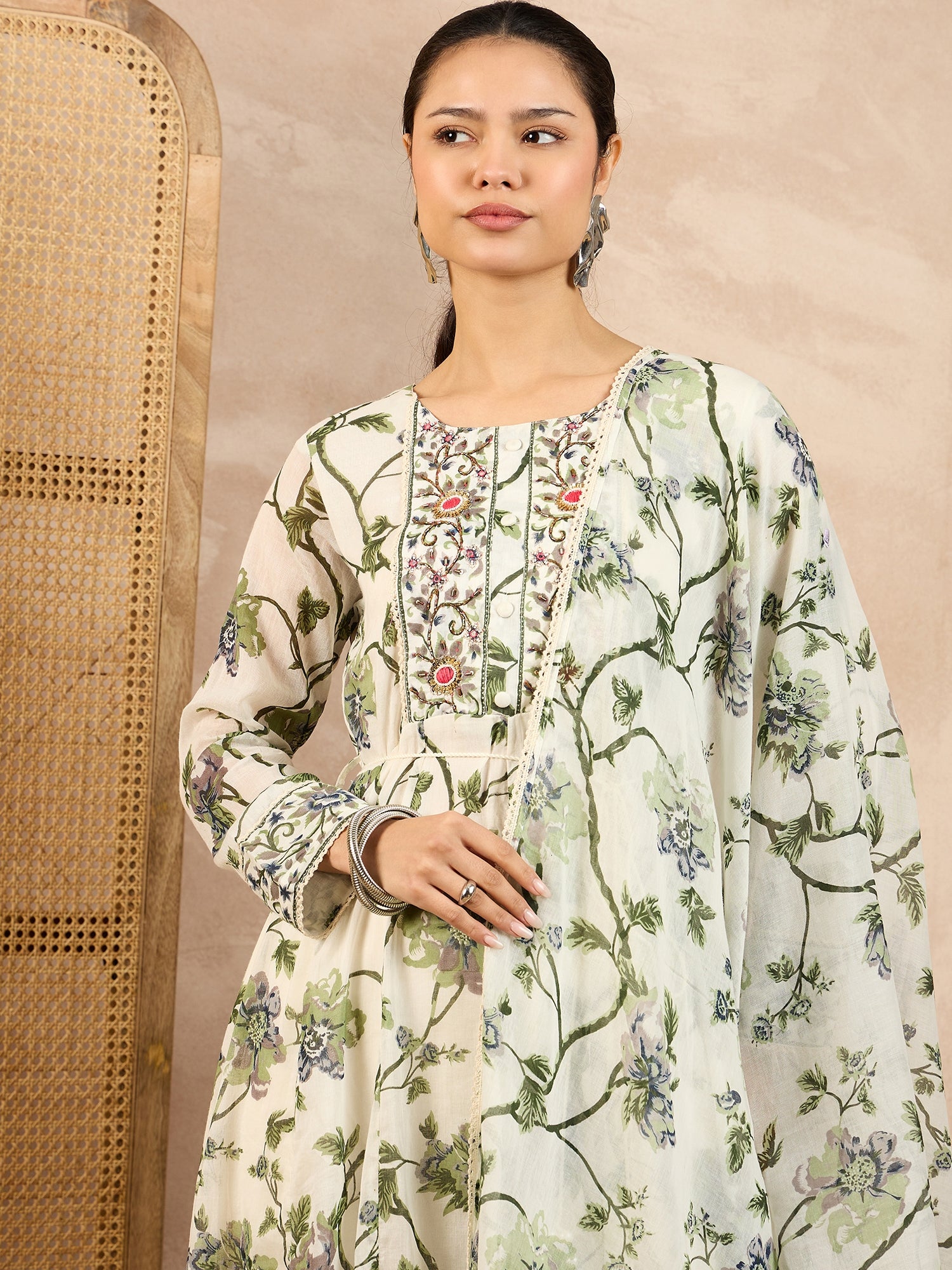 Floral Printed Pleated Thread Work A-Line Kurta With Trouser And Dupatta