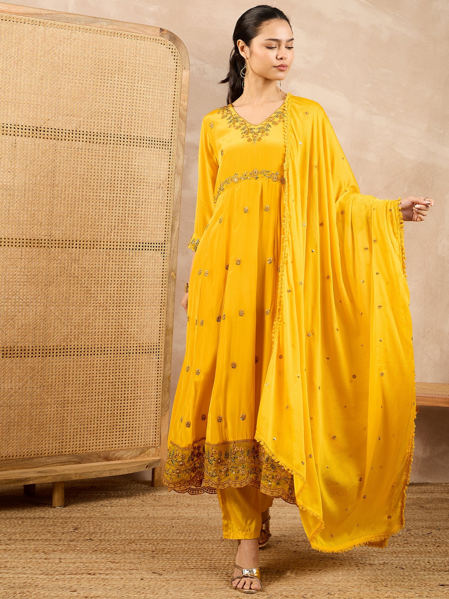 Women Floral Embroidered Empire Beads and Stones Silk Crepe Kurta with Trousers & With Dupatta