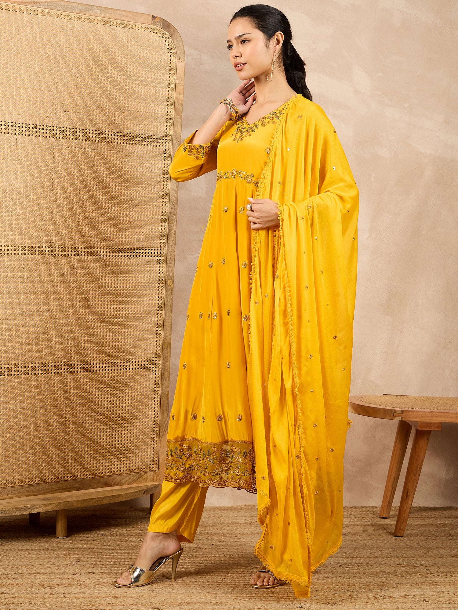Women Floral Embroidered Empire Beads and Stones Silk Crepe Kurta with Trousers & With Dupatta