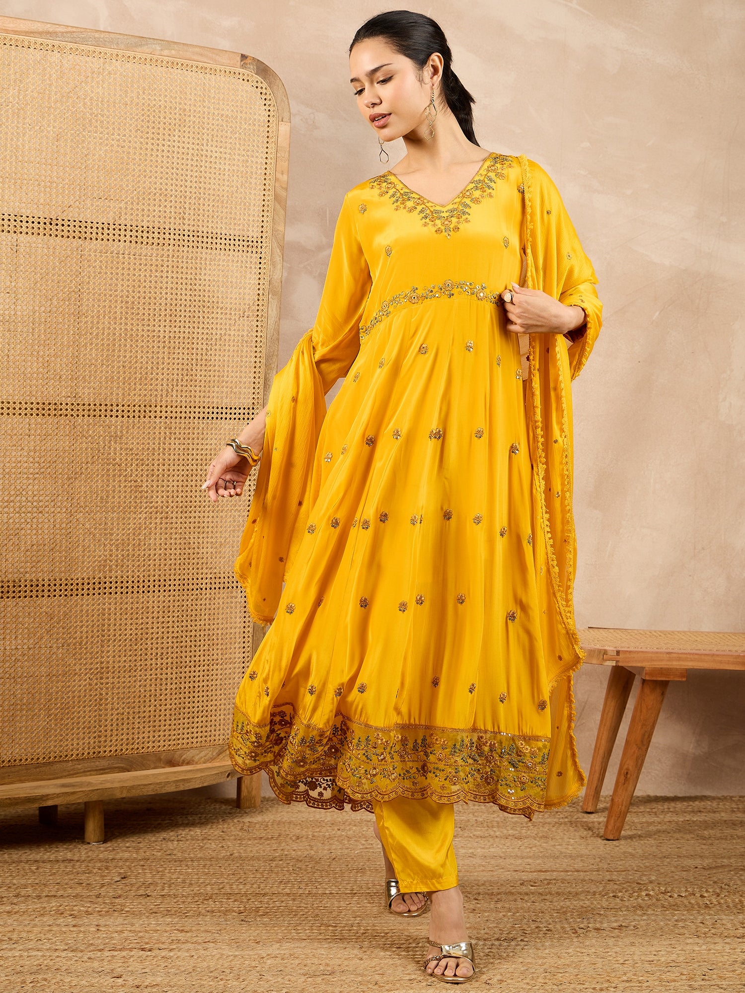 Women Floral Embroidered Empire Beads and Stones Silk Crepe Kurta with Trousers & With Dupatta