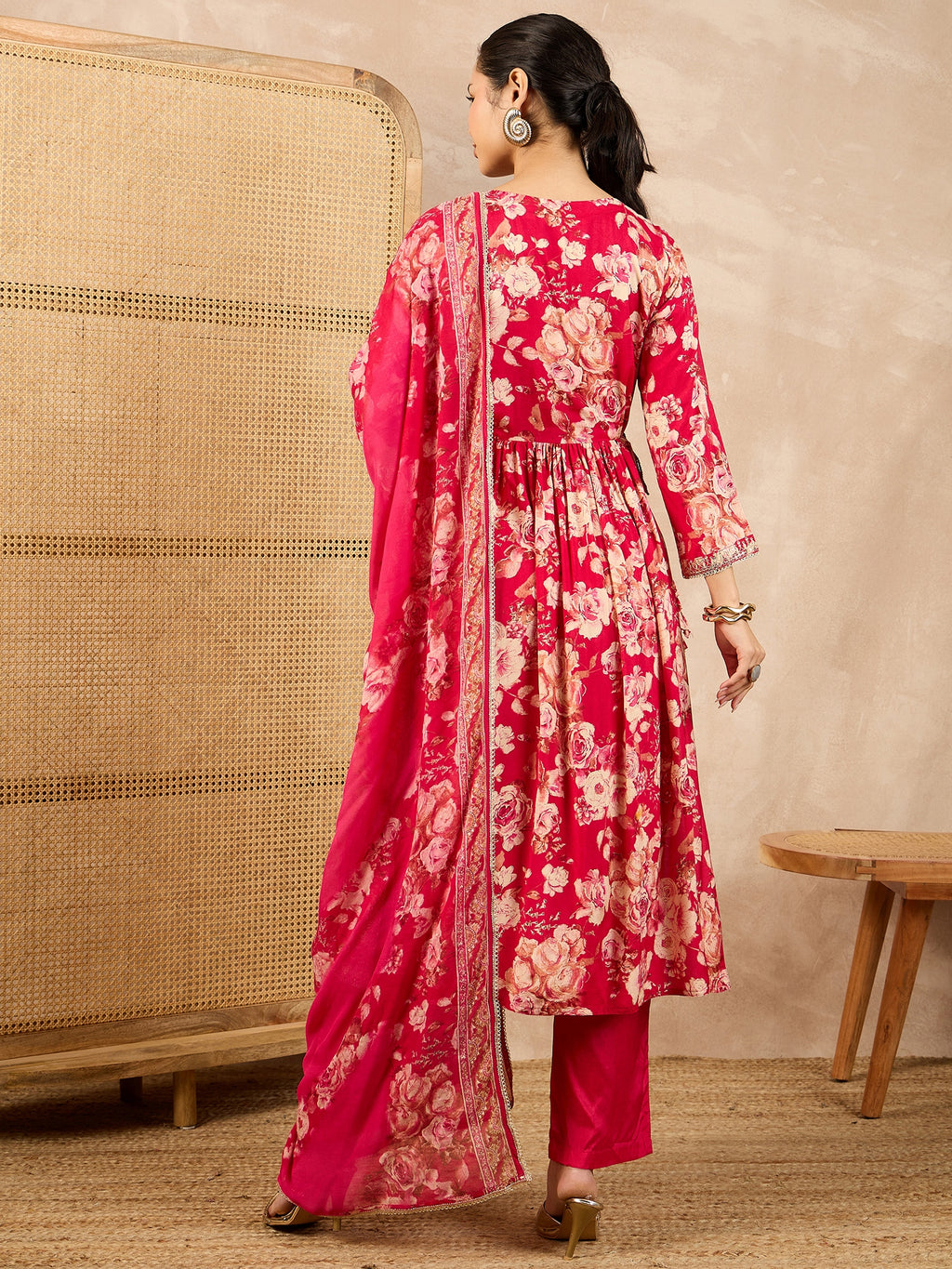 Women Floral Printed High Slit Beads and Stones Raw Silk Kurta with Trousers & With Dupatta