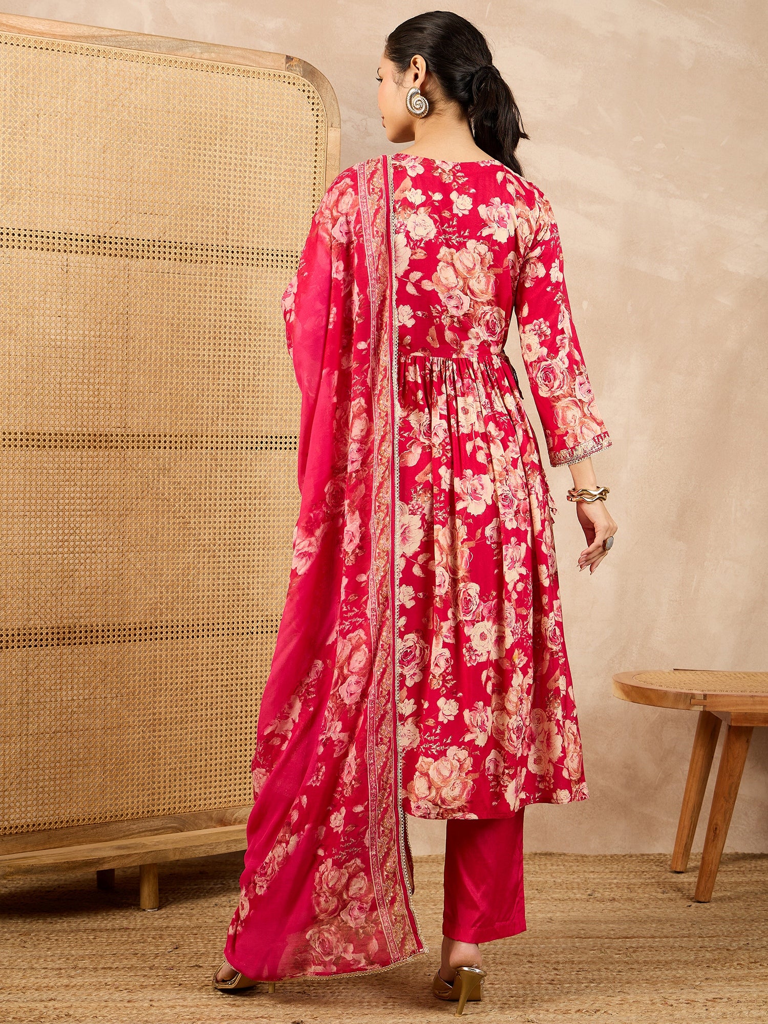 Women Floral Printed High Slit Beads and Stones Raw Silk Kurta with Trousers & With Dupatta