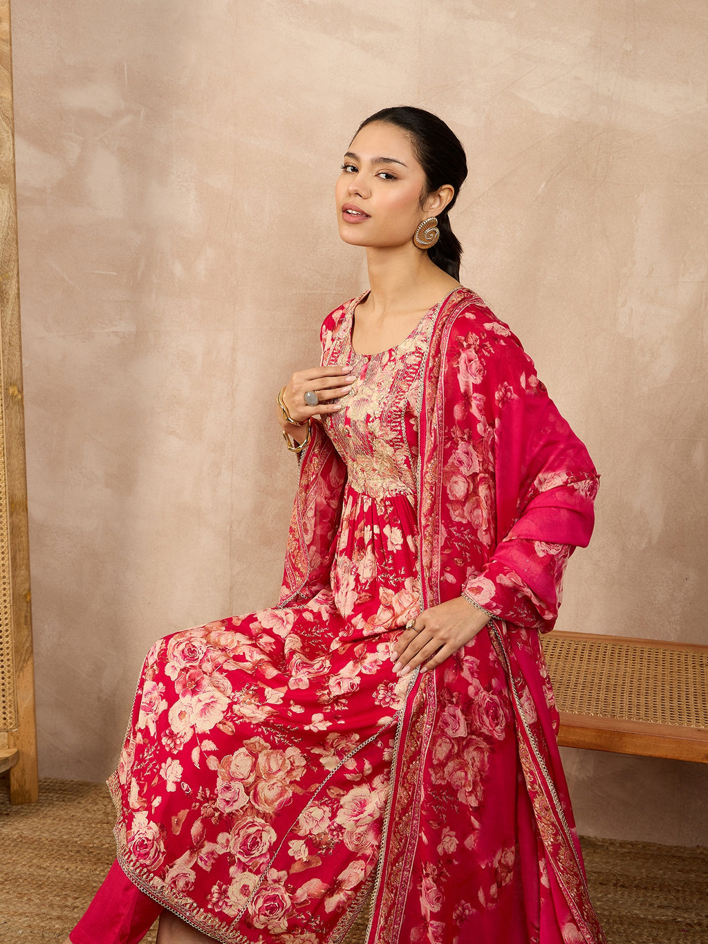 Women Floral Printed High Slit Beads and Stones Raw Silk Kurta with Trousers & With Dupatta