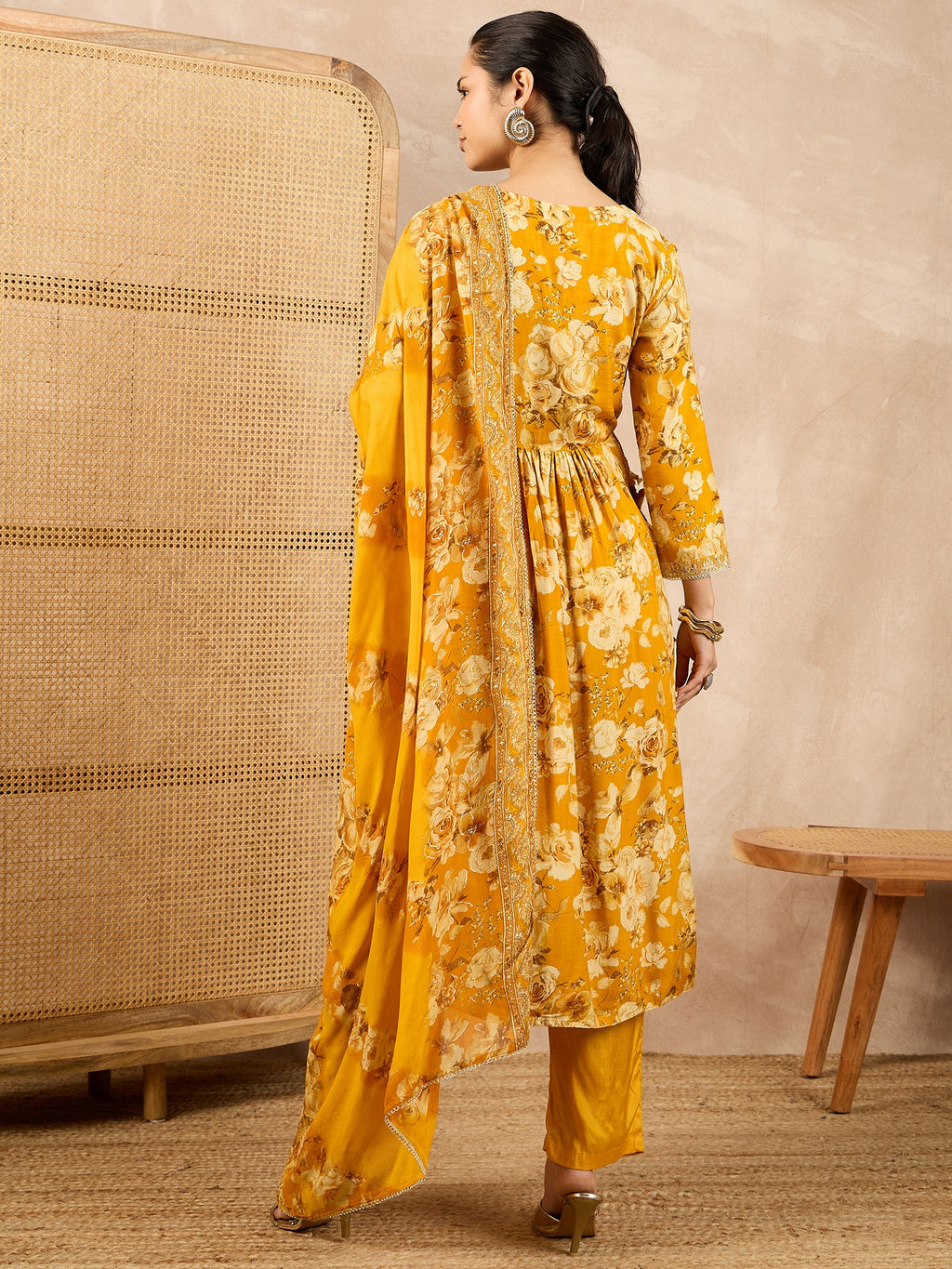 Women Floral Printed High Slit Beads and Stones Raw Silk Kurta with Trousers & With Dupatta