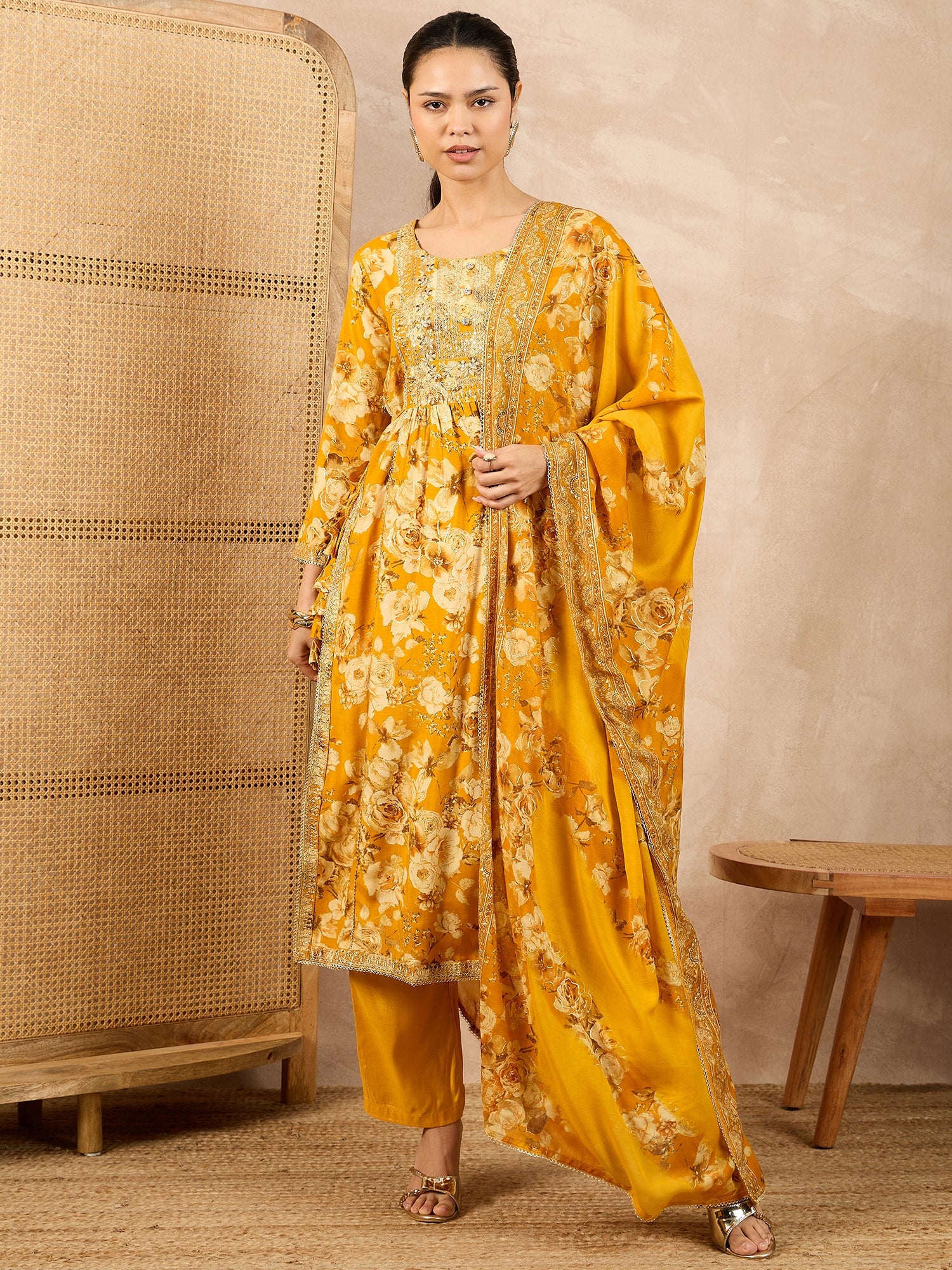 Women Floral Printed High Slit Beads and Stones Raw Silk Kurta with Trousers & With Dupatta