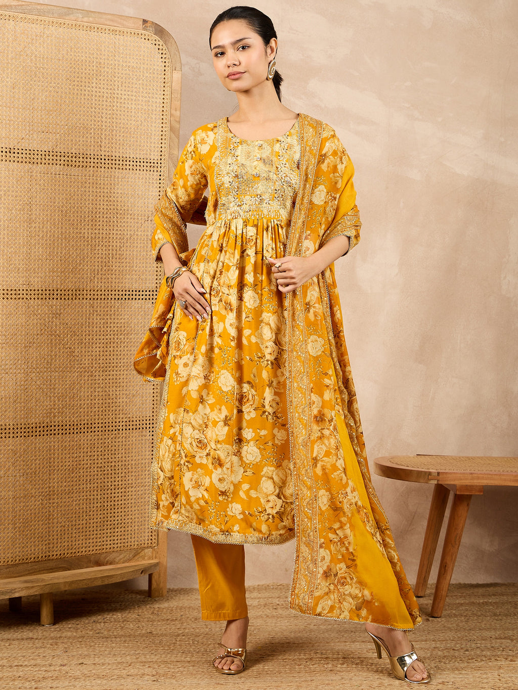 Women Floral Printed High Slit Beads and Stones Raw Silk Kurta with Trousers & With Dupatta