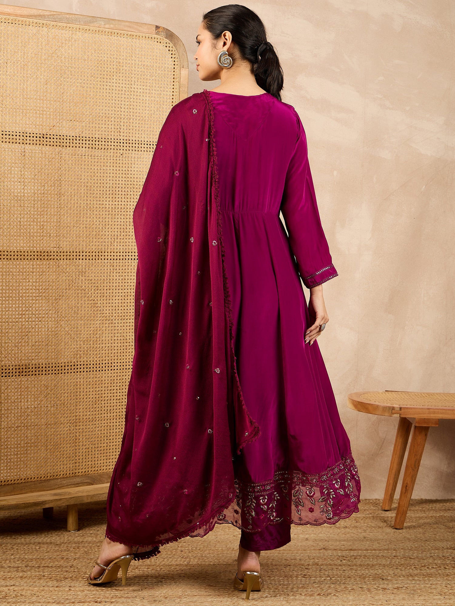 Women Floral Embroidered Angrakha Beads and Stones Silk Crepe Kurta with Trousers & With Dupatta