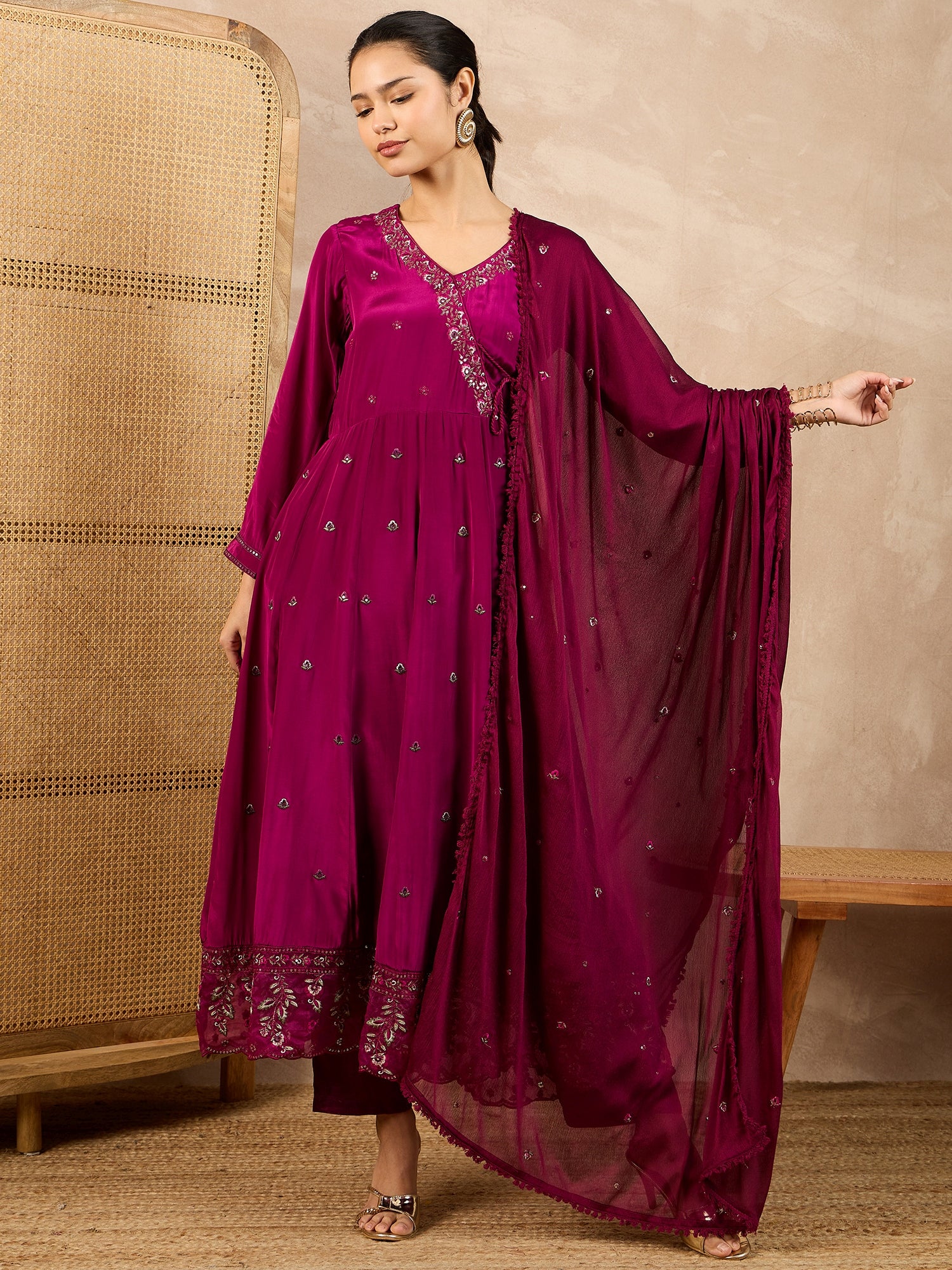 Women Floral Embroidered Angrakha Beads and Stones Silk Crepe Kurta with Trousers & With Dupatta