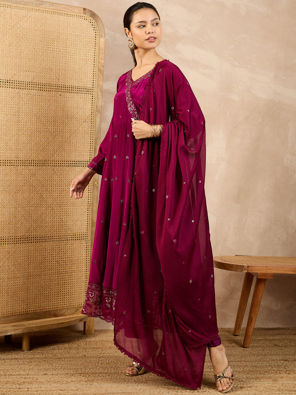 Women Floral Embroidered Angrakha Beads and Stones Silk Crepe Kurta with Trousers & With Dupatta