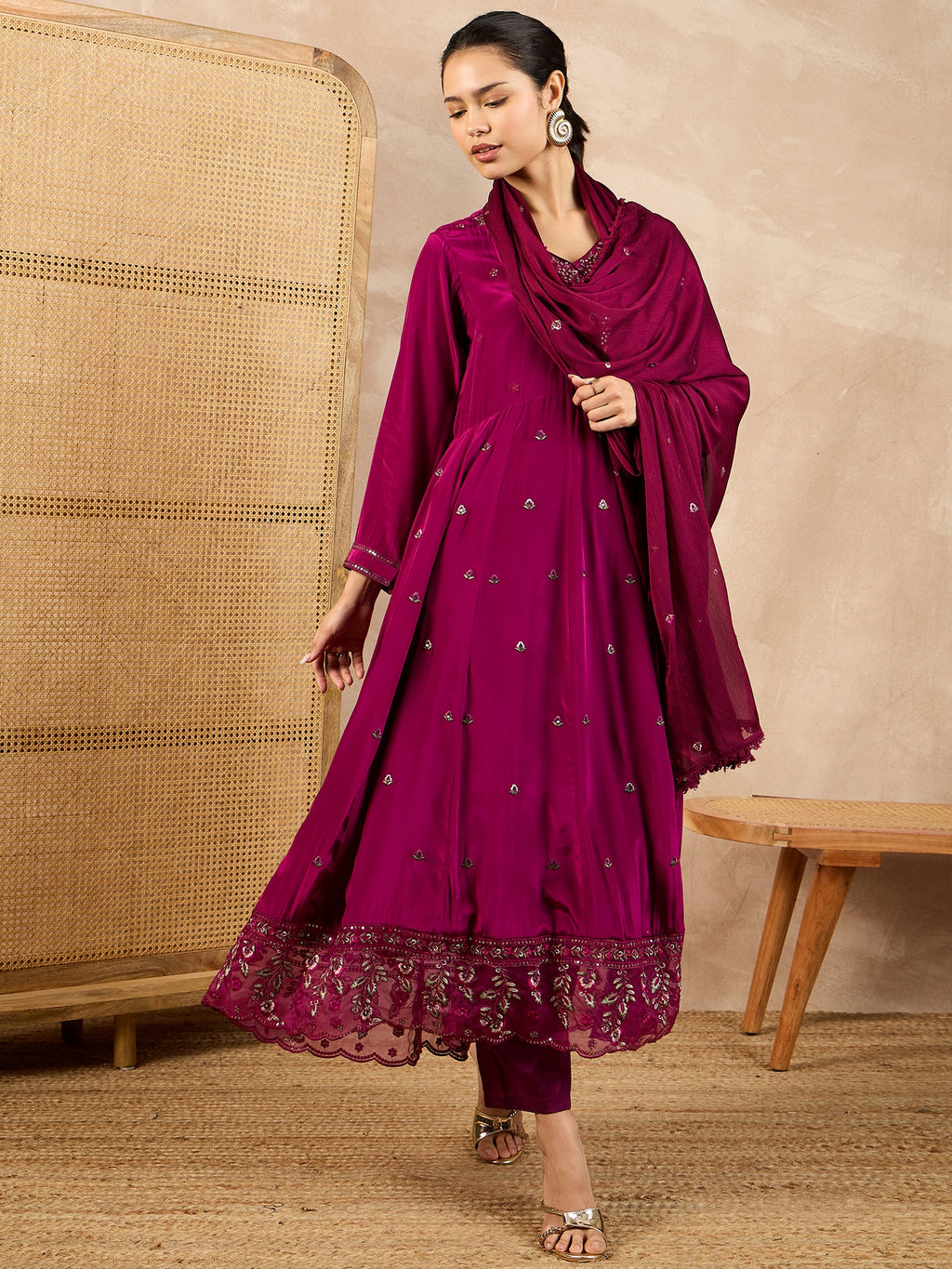 Women Floral Embroidered Angrakha Beads and Stones Silk Crepe Kurta with Trousers & With Dupatta