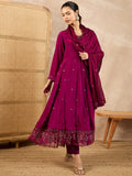 Women Floral Embroidered Angrakha Beads and Stones Silk Crepe Kurta with Trousers & With Dupatta
