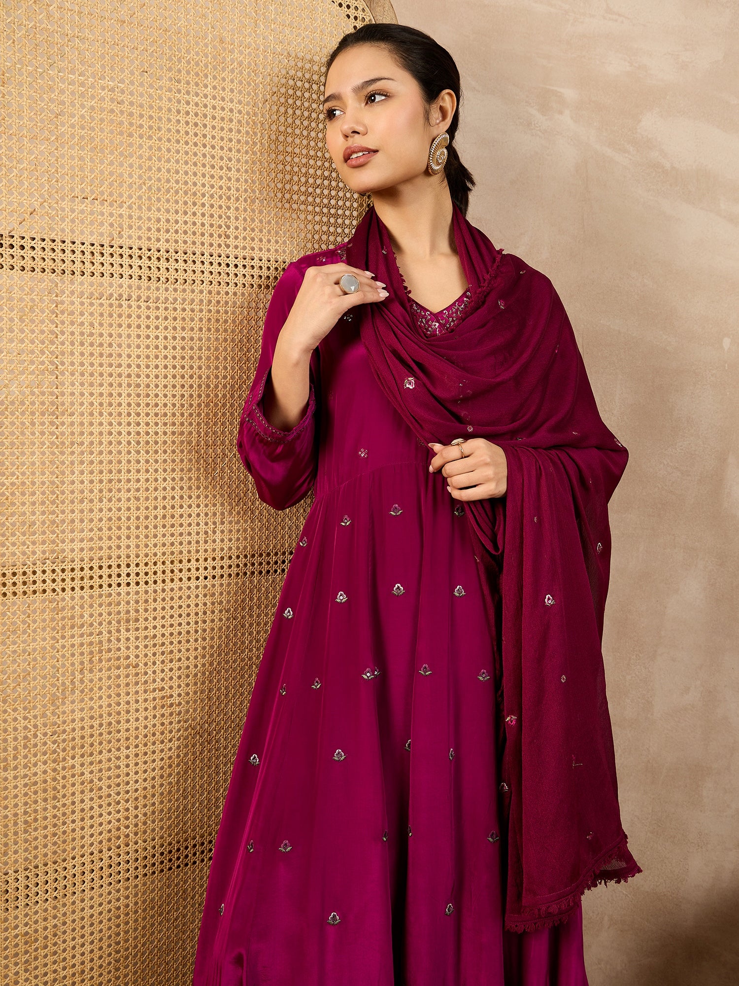 Women Floral Embroidered Angrakha Beads and Stones Silk Crepe Kurta with Trousers & With Dupatta