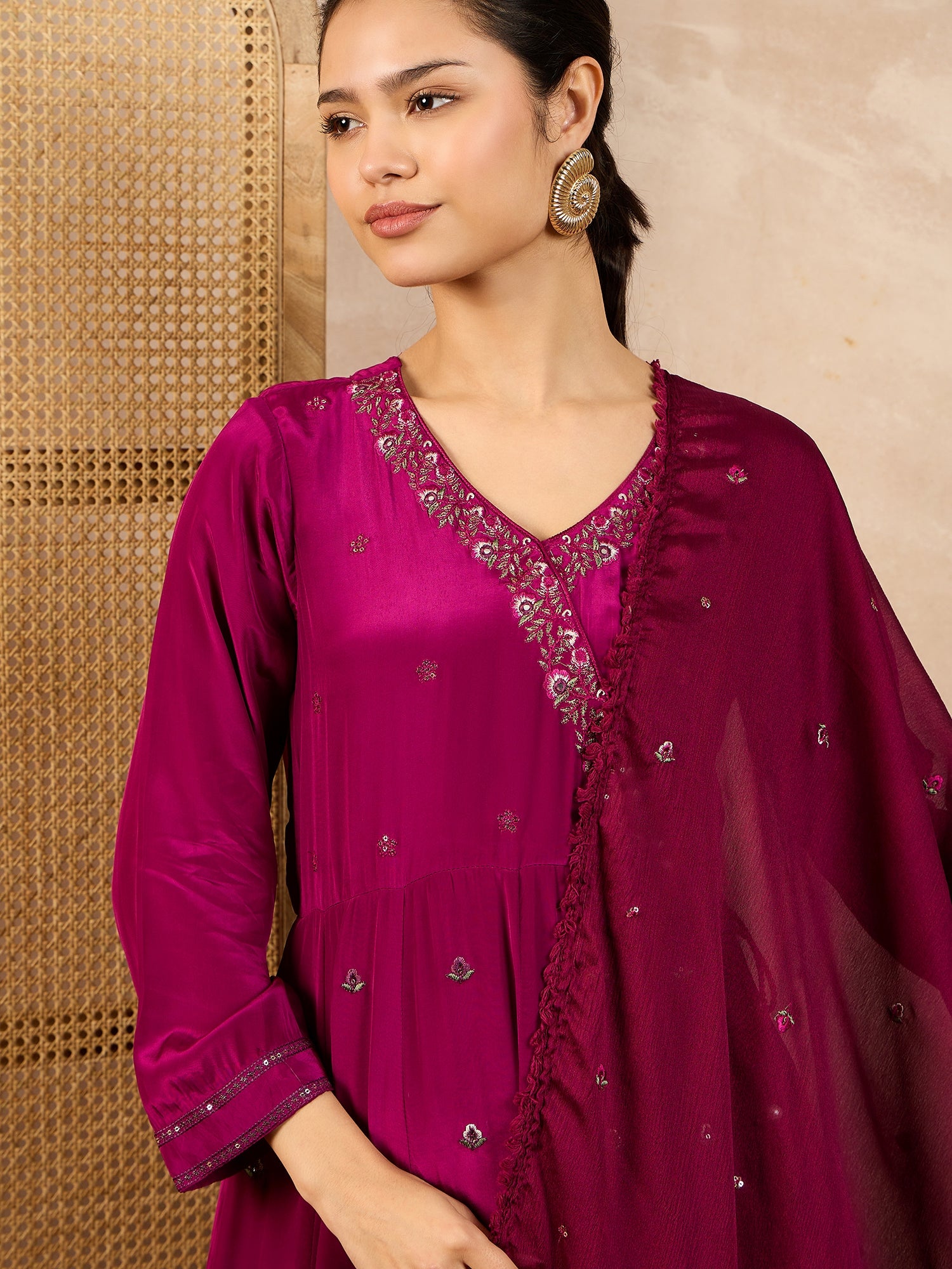 Women Floral Embroidered Angrakha Beads and Stones Silk Crepe Kurta with Trousers & With Dupatta