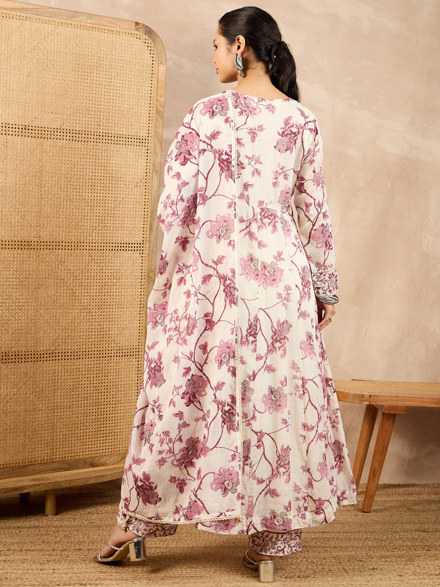 Floral Printed Pleated Thread Work Anarkali Kurta With Trouser And Dupatta