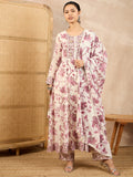 Floral Printed Pleated Thread Work Anarkali Kurta With Trouser And Dupatta