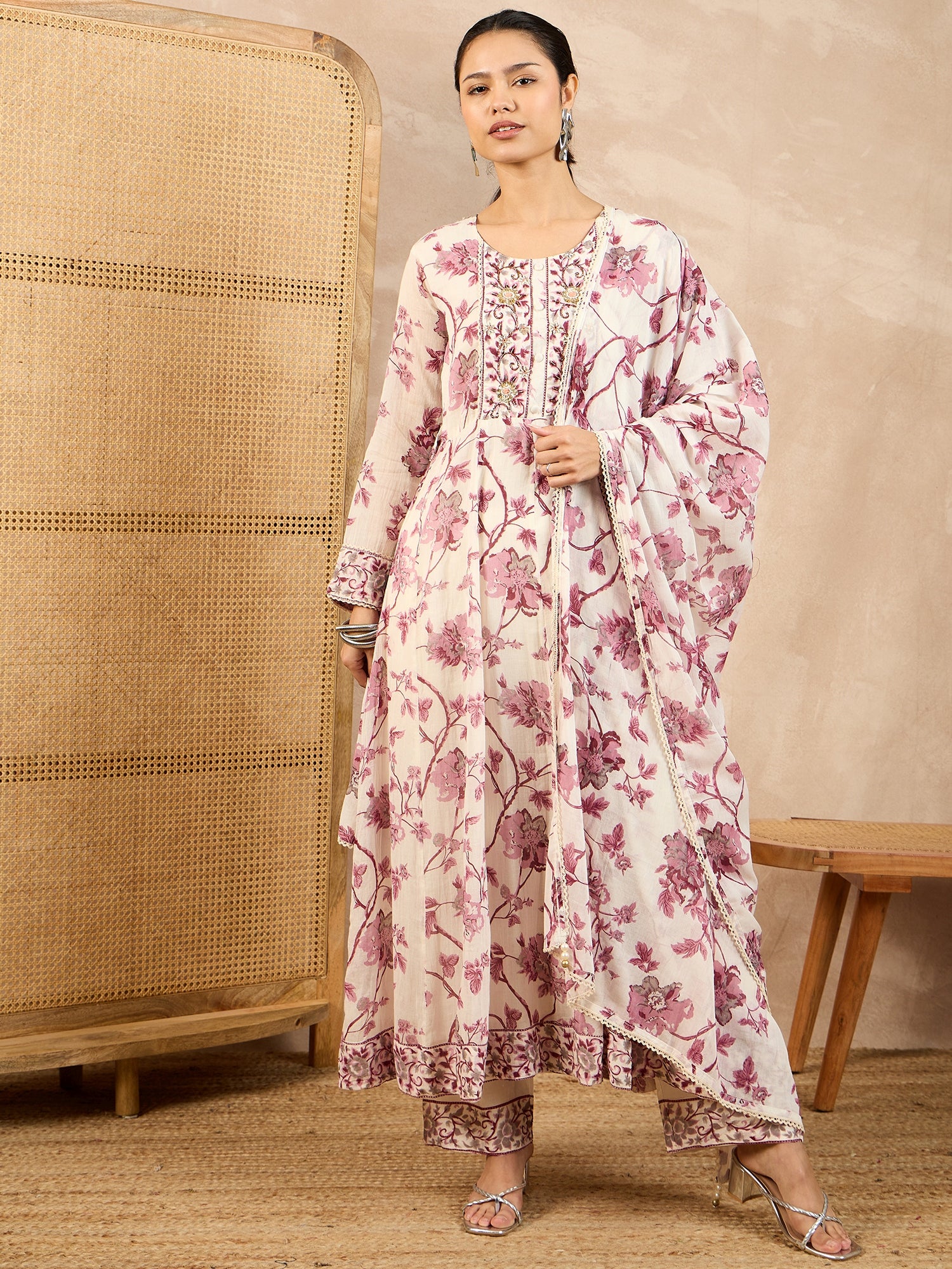 Floral Printed Pleated Thread Work Anarkali Kurta With Trouser And Dupatta
