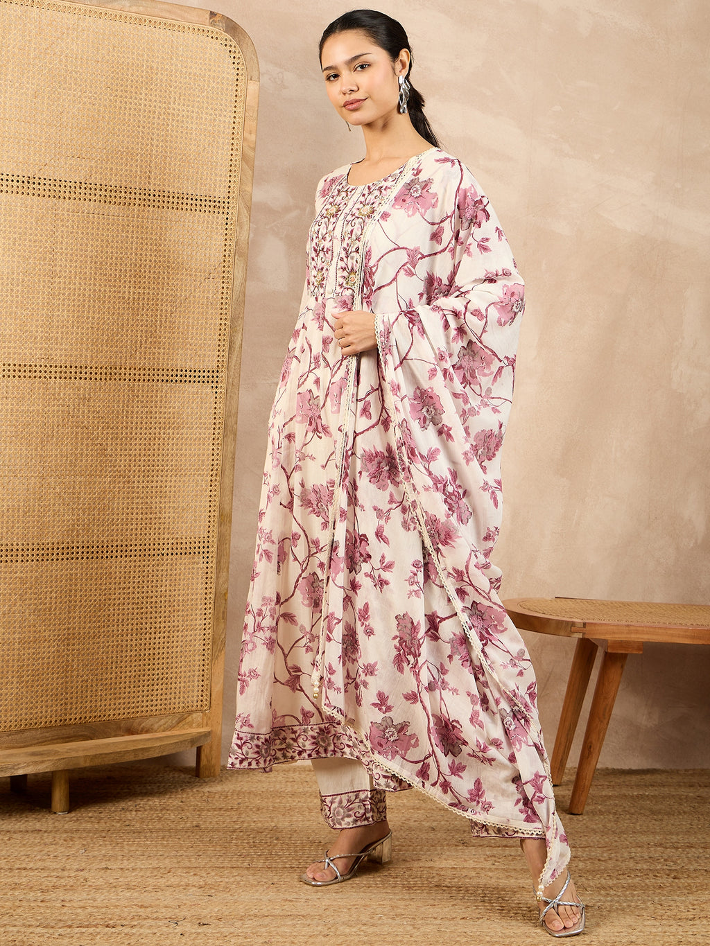 Floral Printed Pleated Thread Work Anarkali Kurta With Trouser And Dupatta