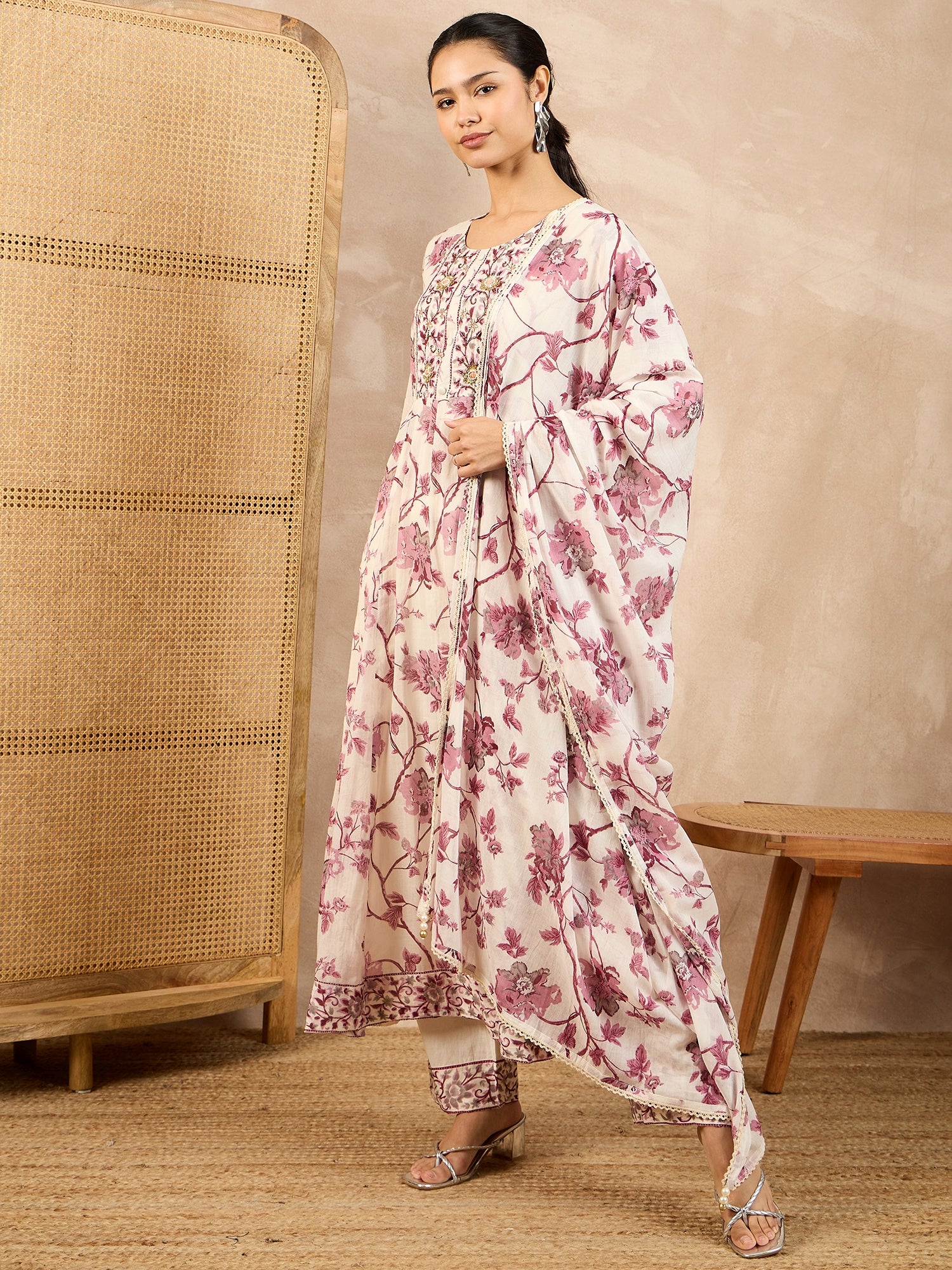 Floral Printed Pleated Thread Work Anarkali Kurta With Trouser And Dupatta