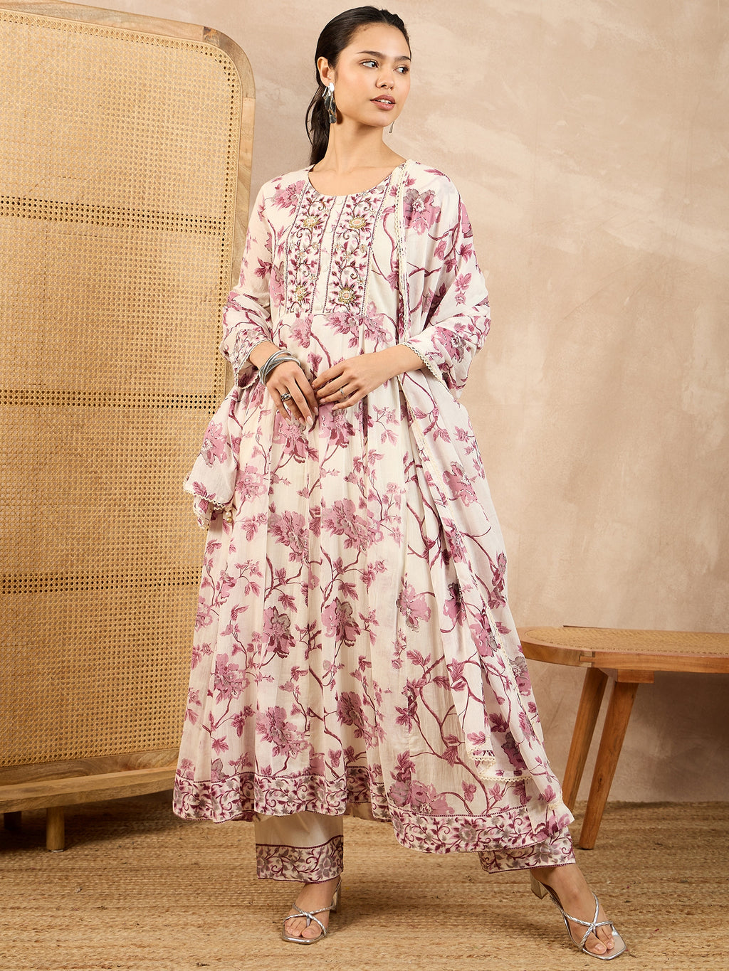Floral Printed Pleated Thread Work Anarkali Kurta With Trouser And Dupatta