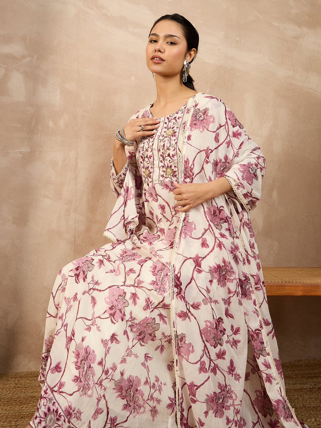 Floral Printed Pleated Thread Work Anarkali Kurta With Trouser And Dupatta