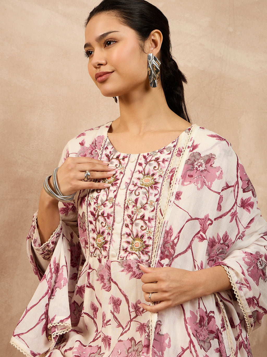 Floral Printed Pleated Thread Work Anarkali Kurta With Trouser And Dupatta