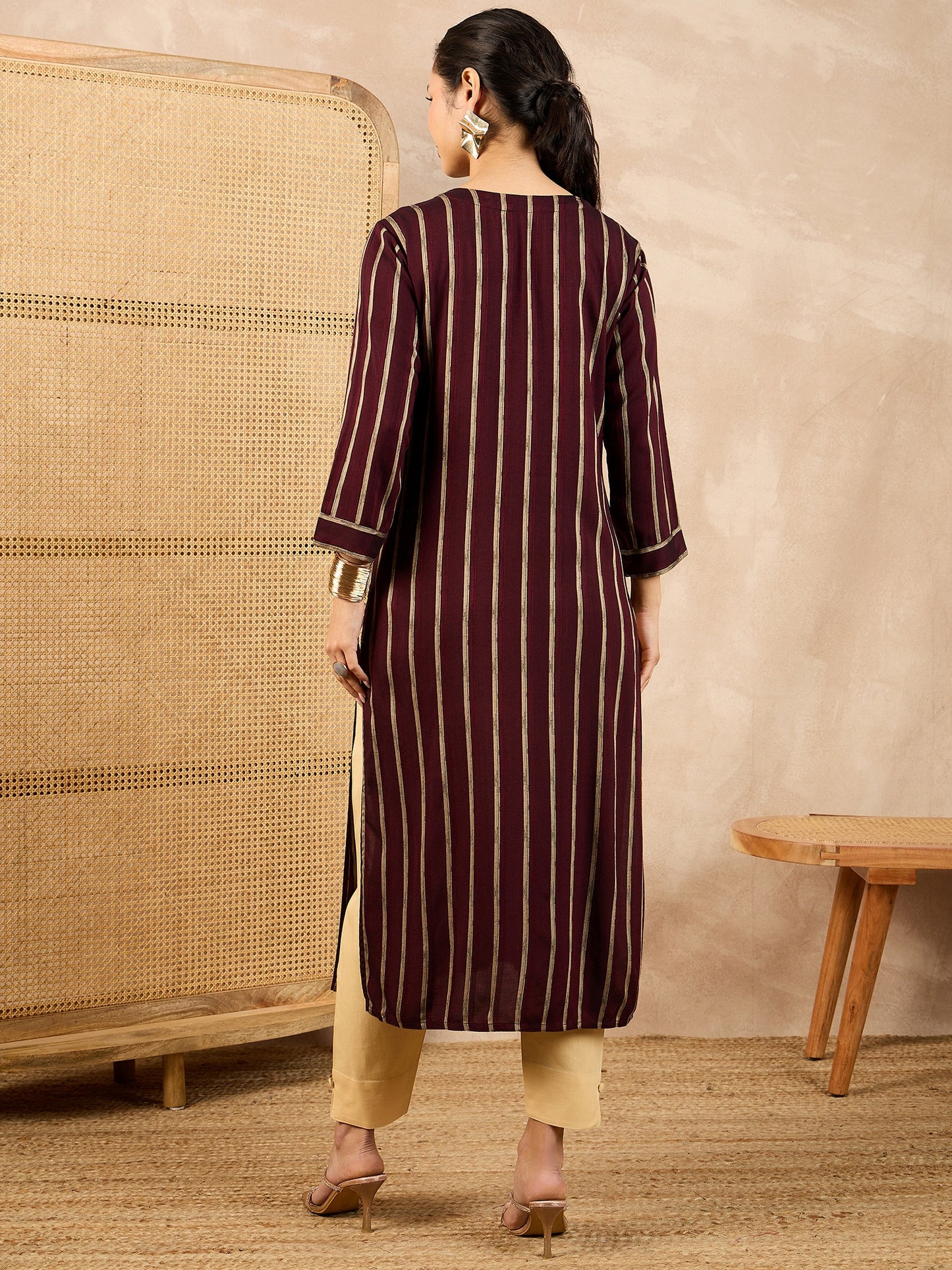 Striped V-Neck Thread Work Straight Kurta
