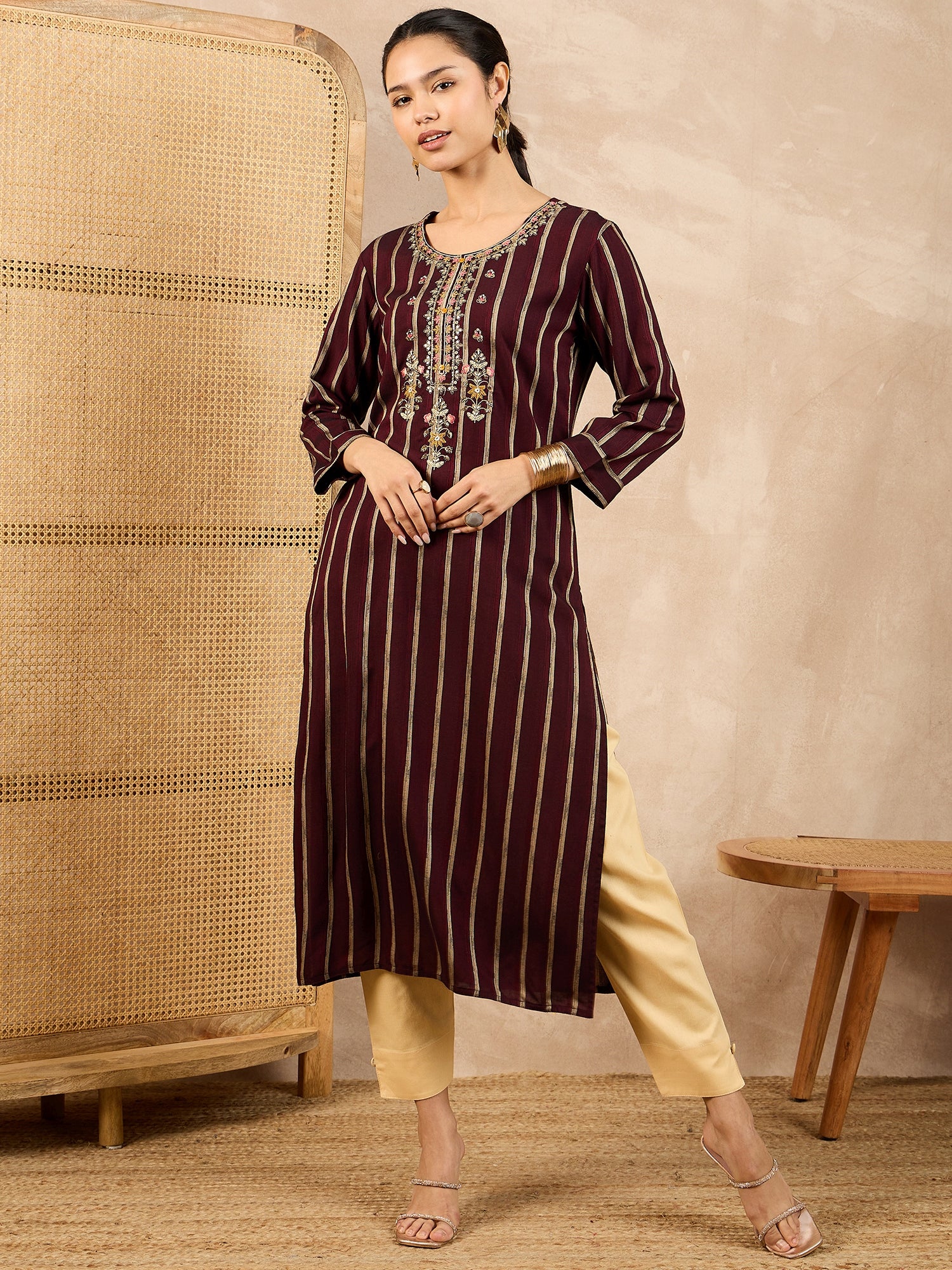 Striped V-Neck Thread Work Straight Kurta