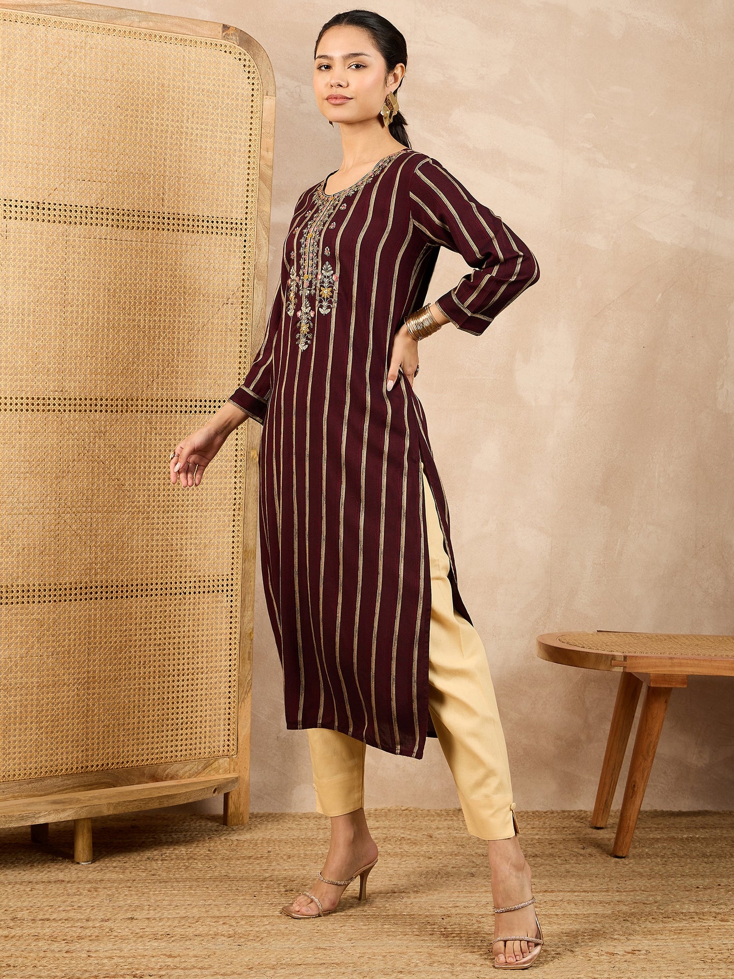 Striped V-Neck Thread Work Straight Kurta