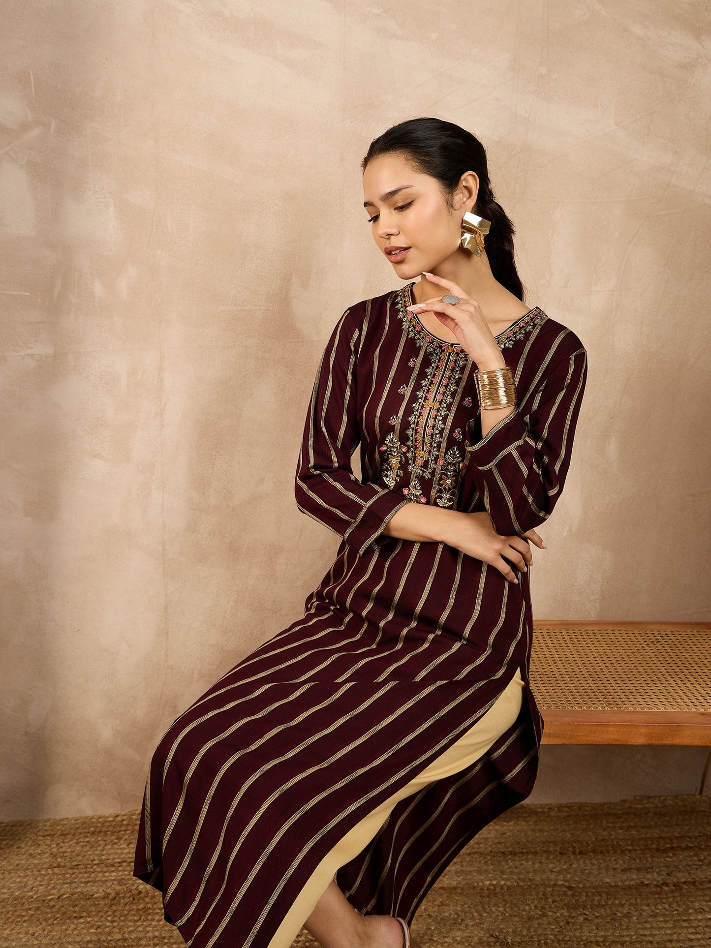 Striped V-Neck Thread Work Straight Kurta