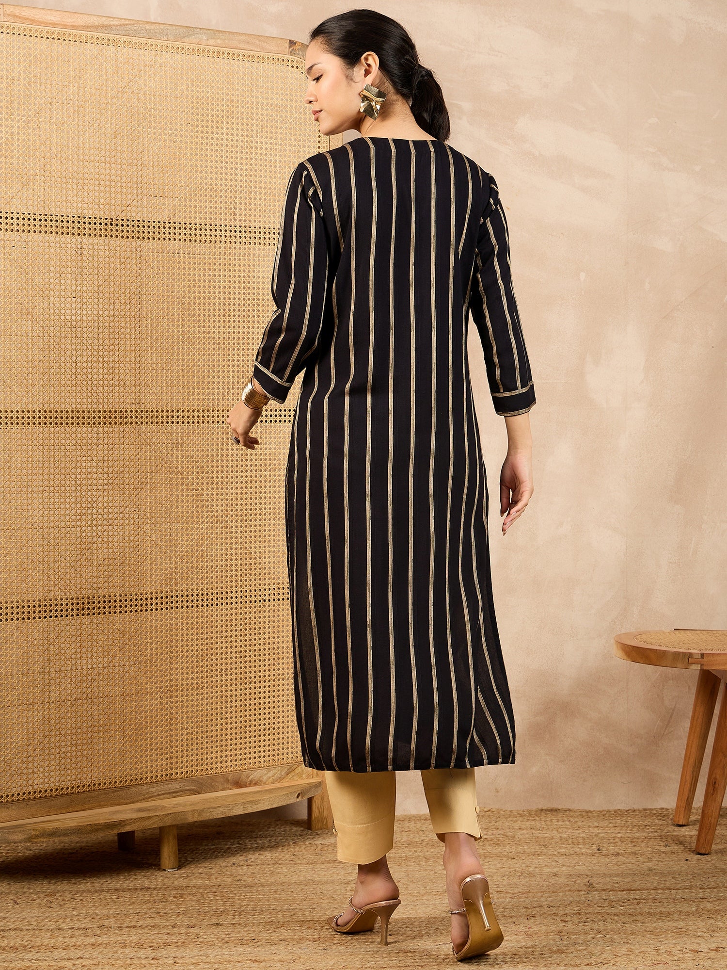 Striped V-Neck Thread Work Straight Kurta