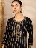 Striped V-Neck Thread Work Straight Kurta