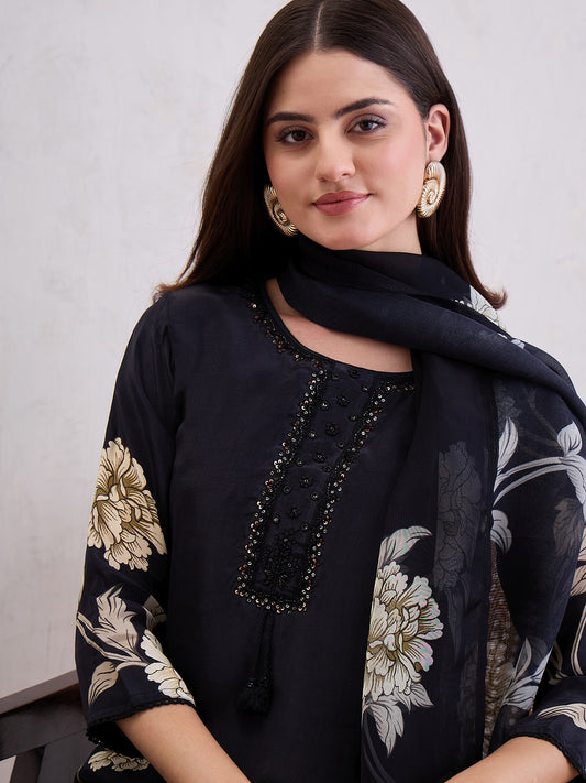 Floral Printed Sequinned Straight Kurta With Trousers & Dupatta