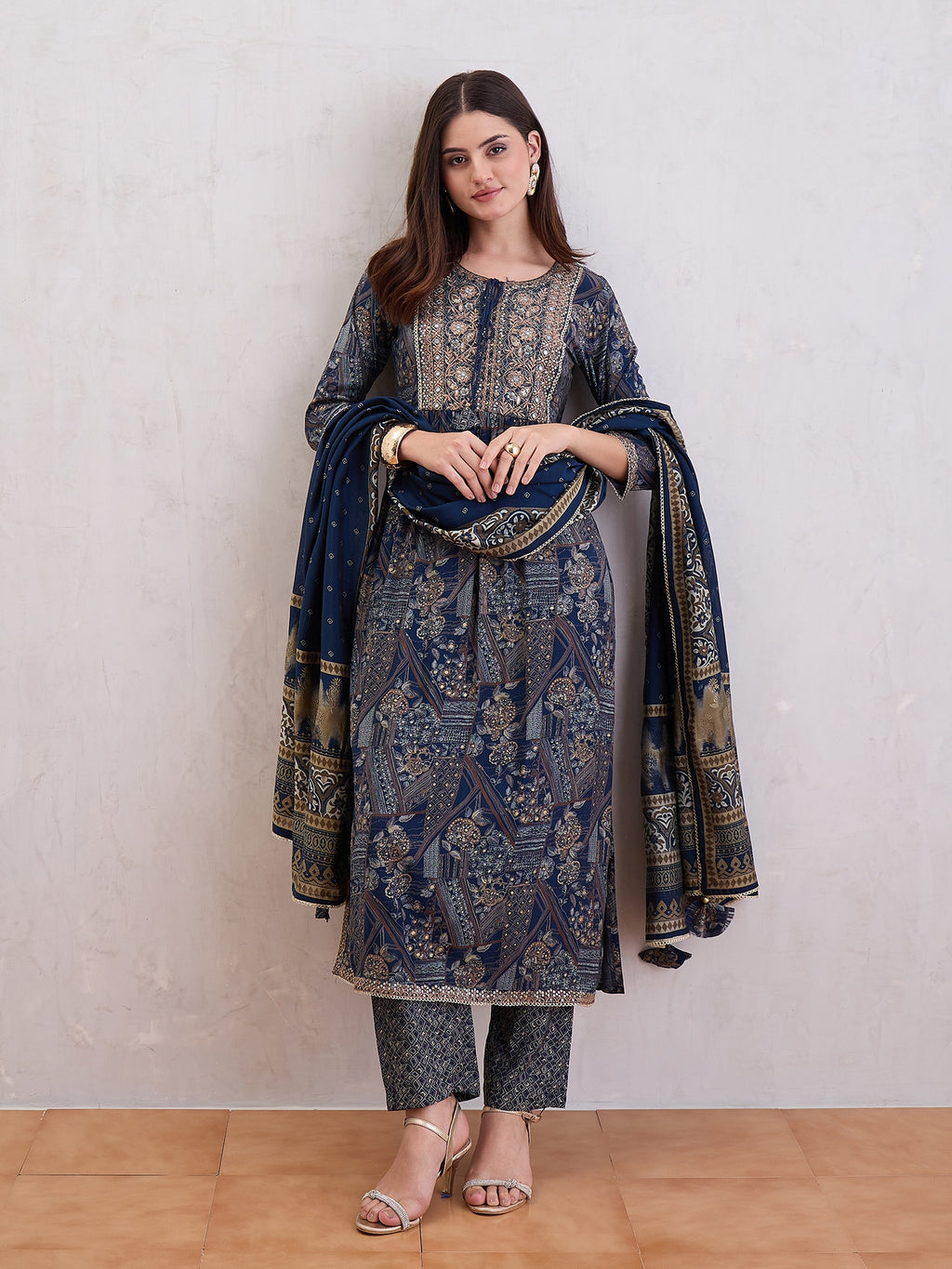 Floral Printed Pleated Mirror Work Chanderi Silk Kurta With Trousers & Dupatta