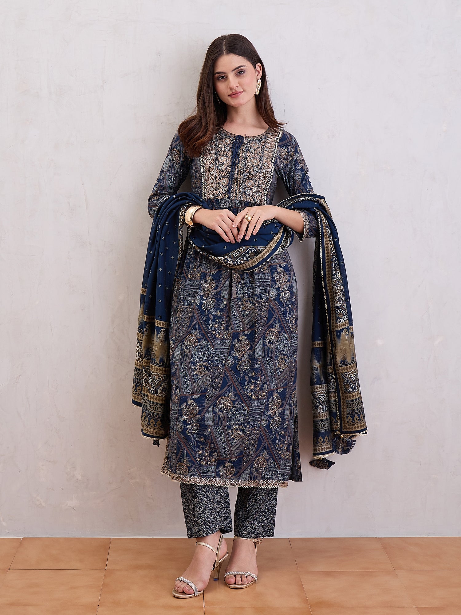 Floral Printed Pleated Mirror Work Chanderi Silk Kurta With Trousers & Dupatta