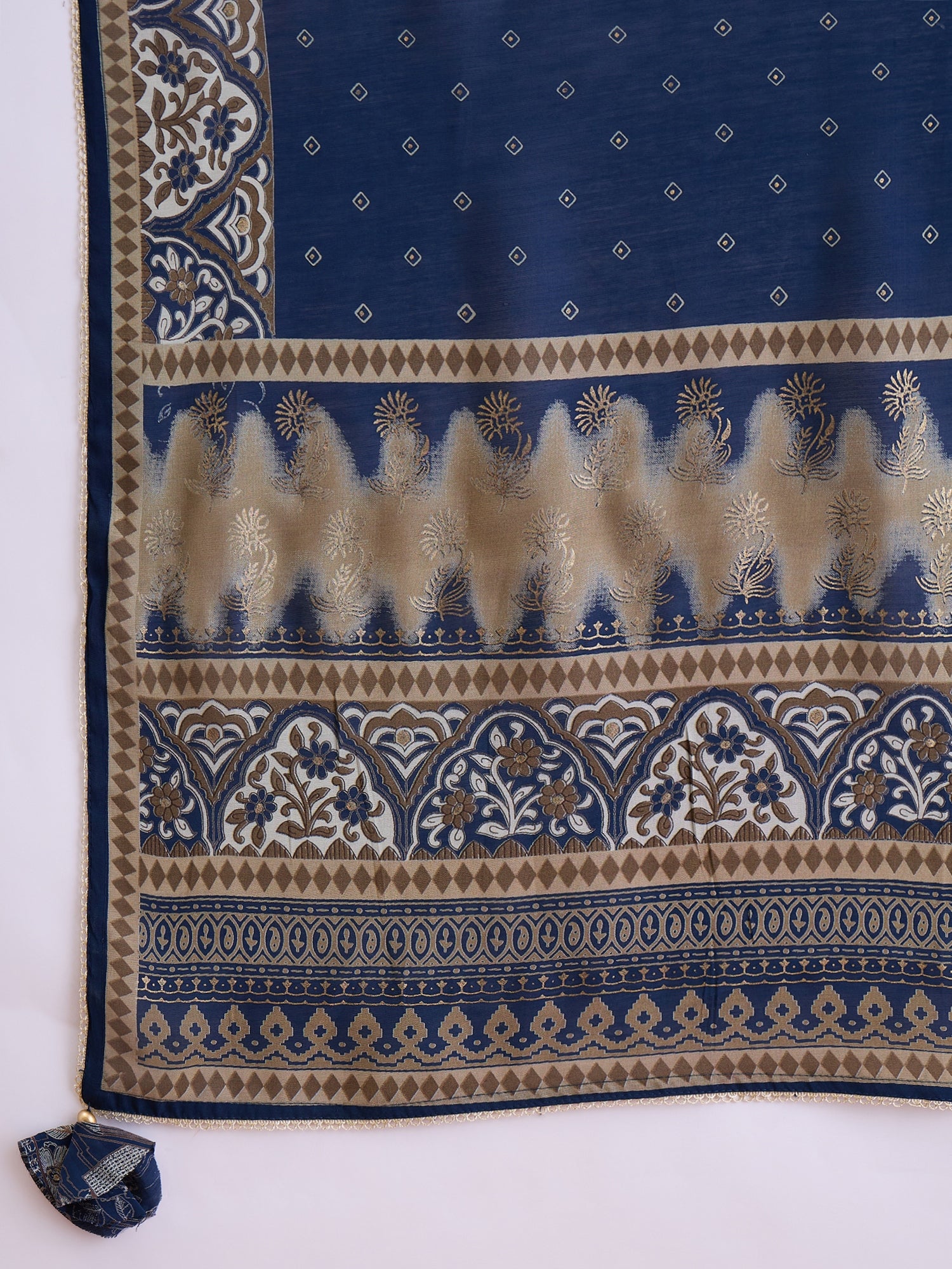 Floral Printed Pleated Mirror Work Chanderi Silk Kurta With Trousers & Dupatta
