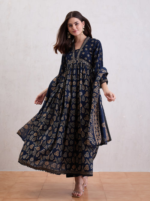 Ethnic Motifs Printed Pleated Mirror Work Pure Cotton Kurta With Sharara & Dupatta